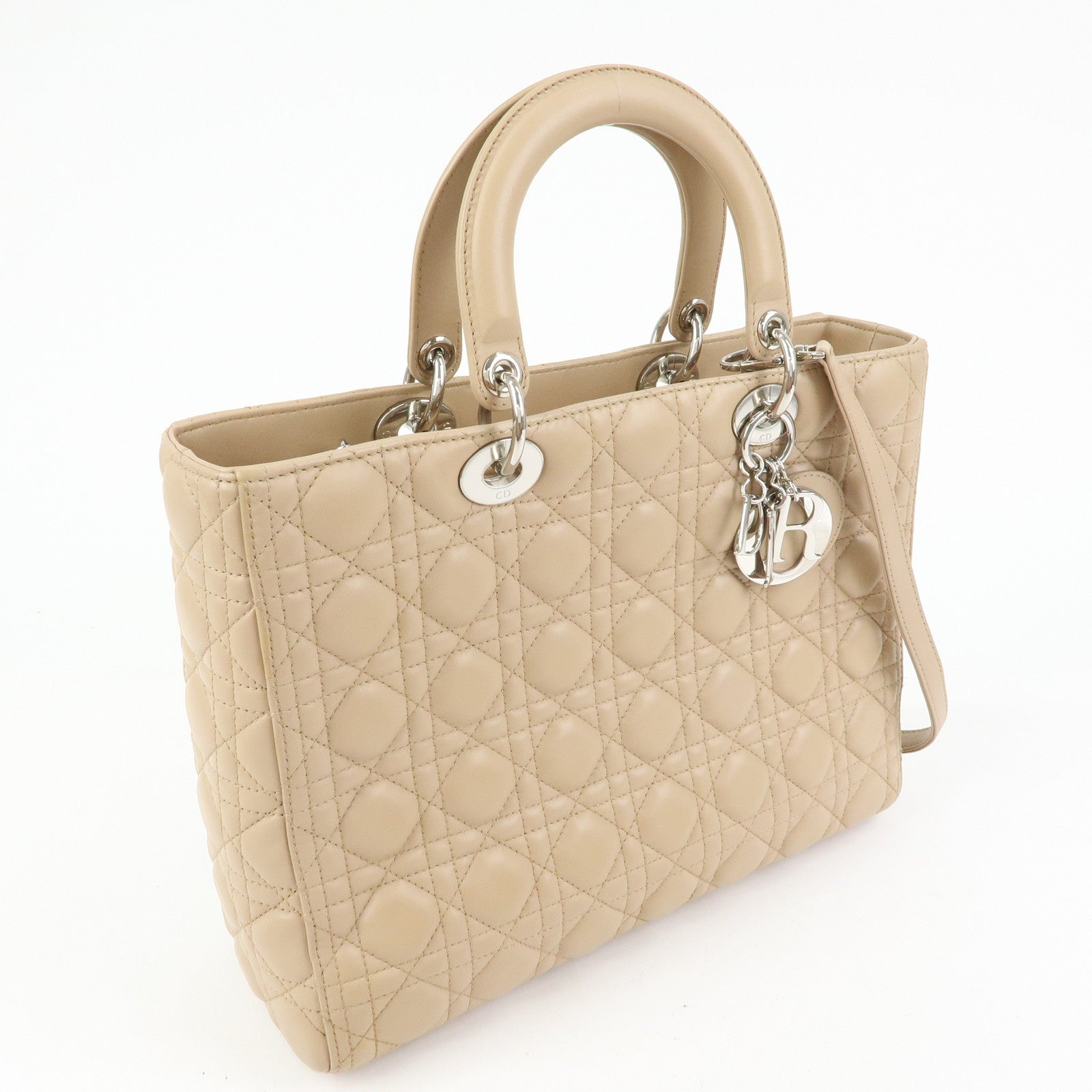 Christian Dior Cannage Lady Dior Leather 2Way Bag Hand Bag Beige