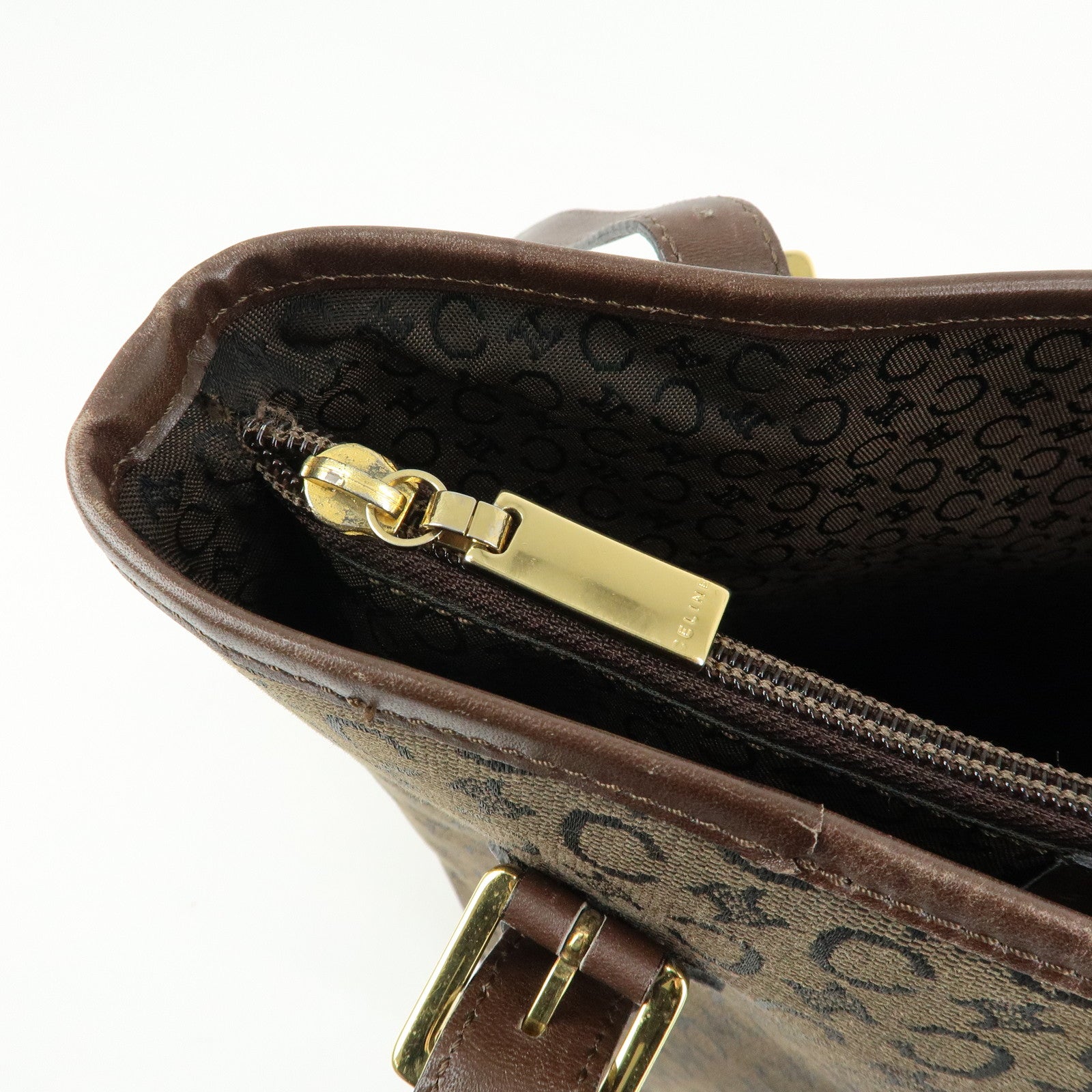 CELINE C Macadam Canvas Leather Tote Bag Shoulder Bag Brown