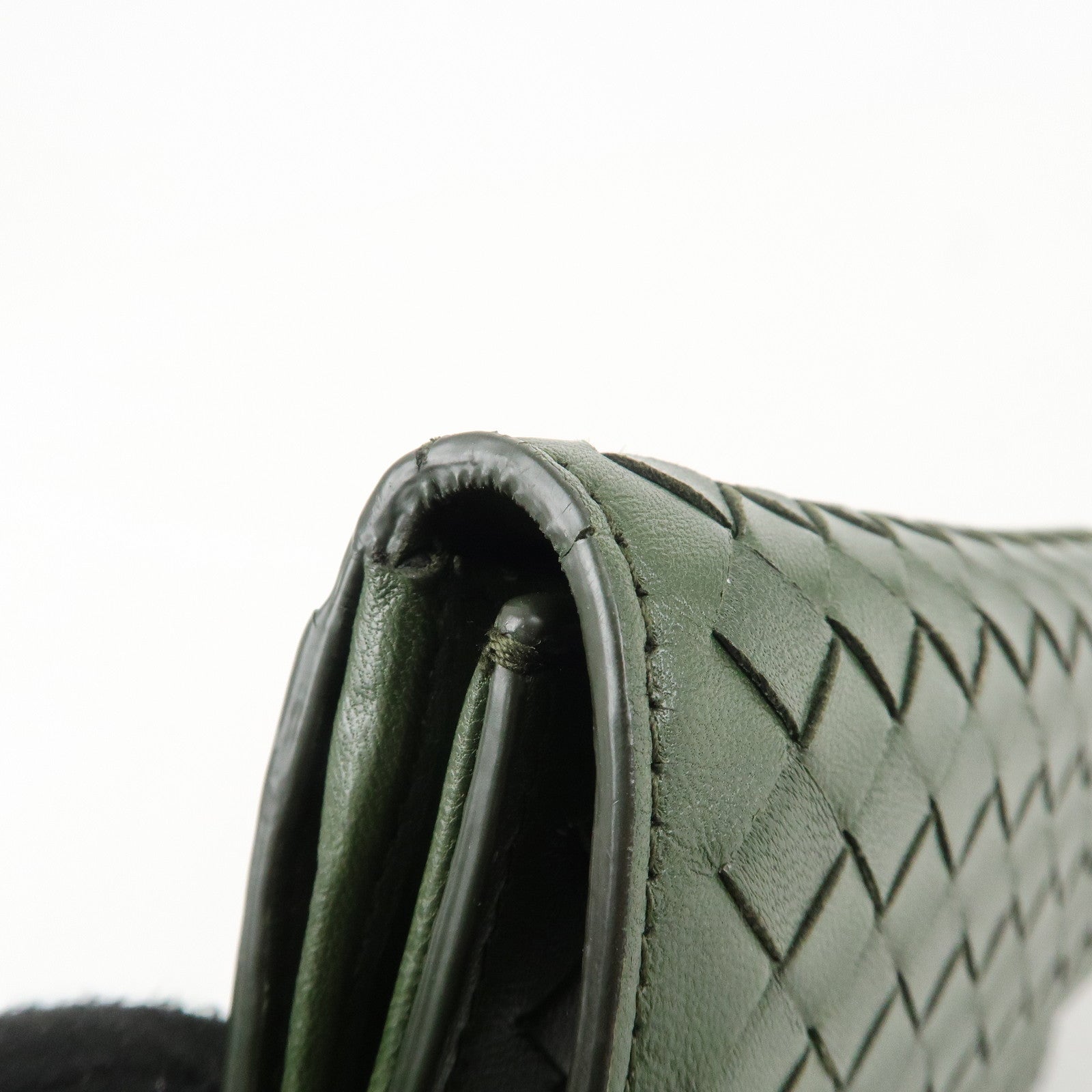 BOTTEGA VENETA Intrecciato Leather Tri-fold Wallet Dark Green Used