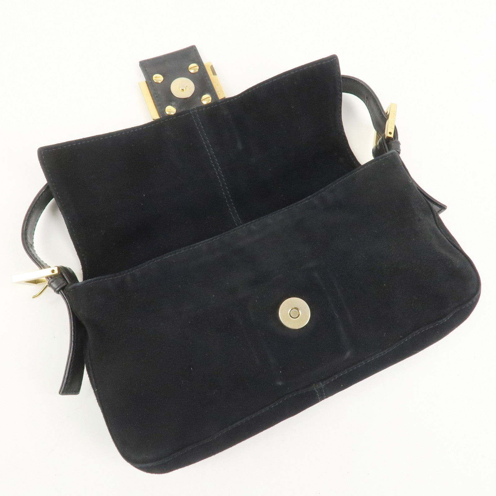 FENDI Mamma Baguette Logo Suede Shoulder Bag Black 26424