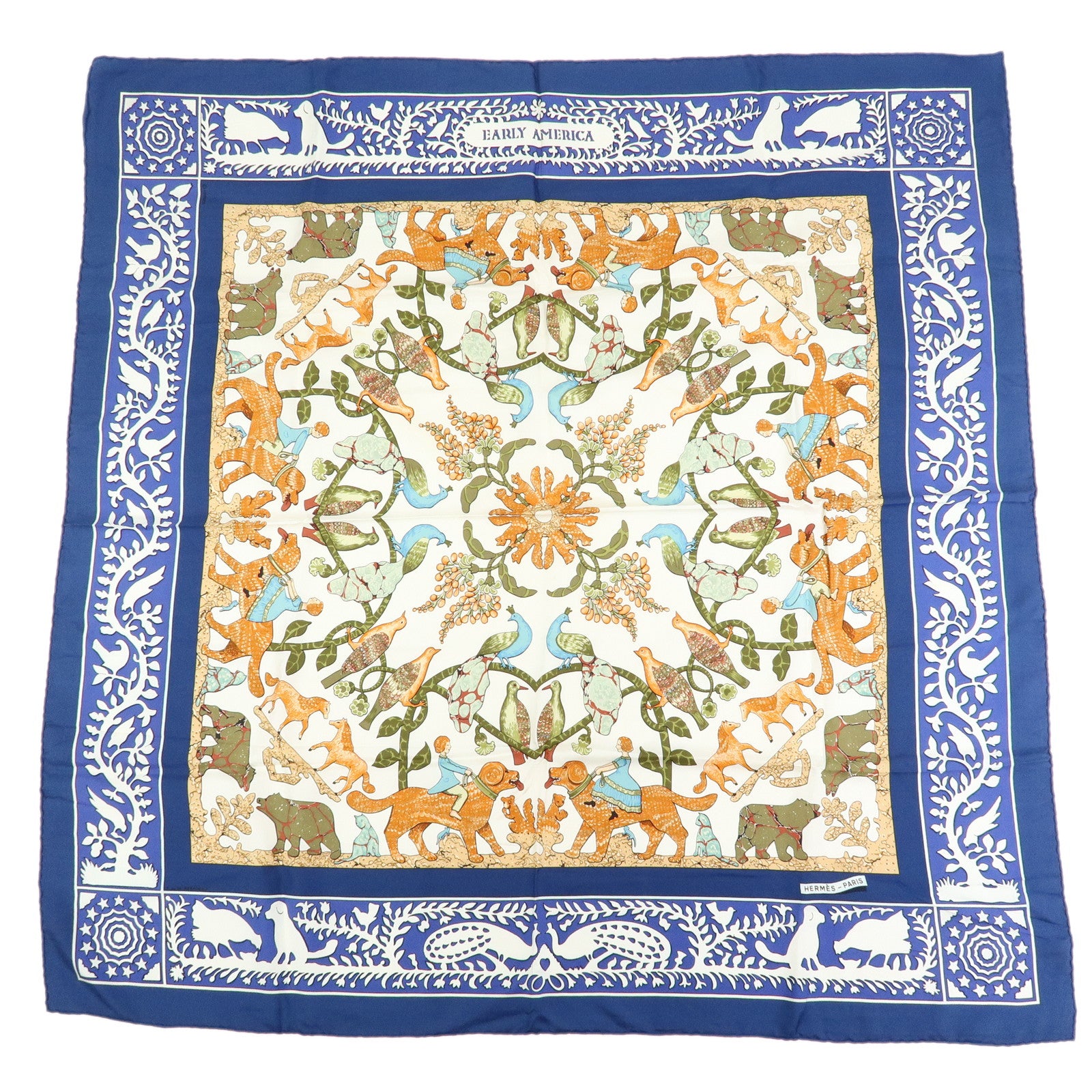 HERMES Carre 90 Silk 100% Scarf EARLY AMERICA Blue