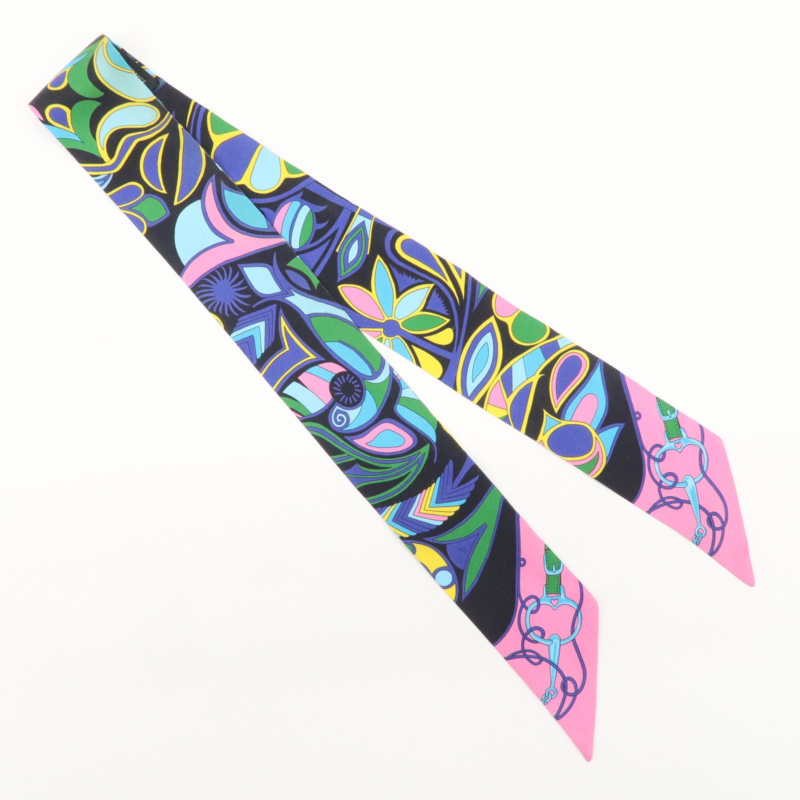 HERMES Silk 100％ Twilly Scarf FOLKLORE Black Pink Used