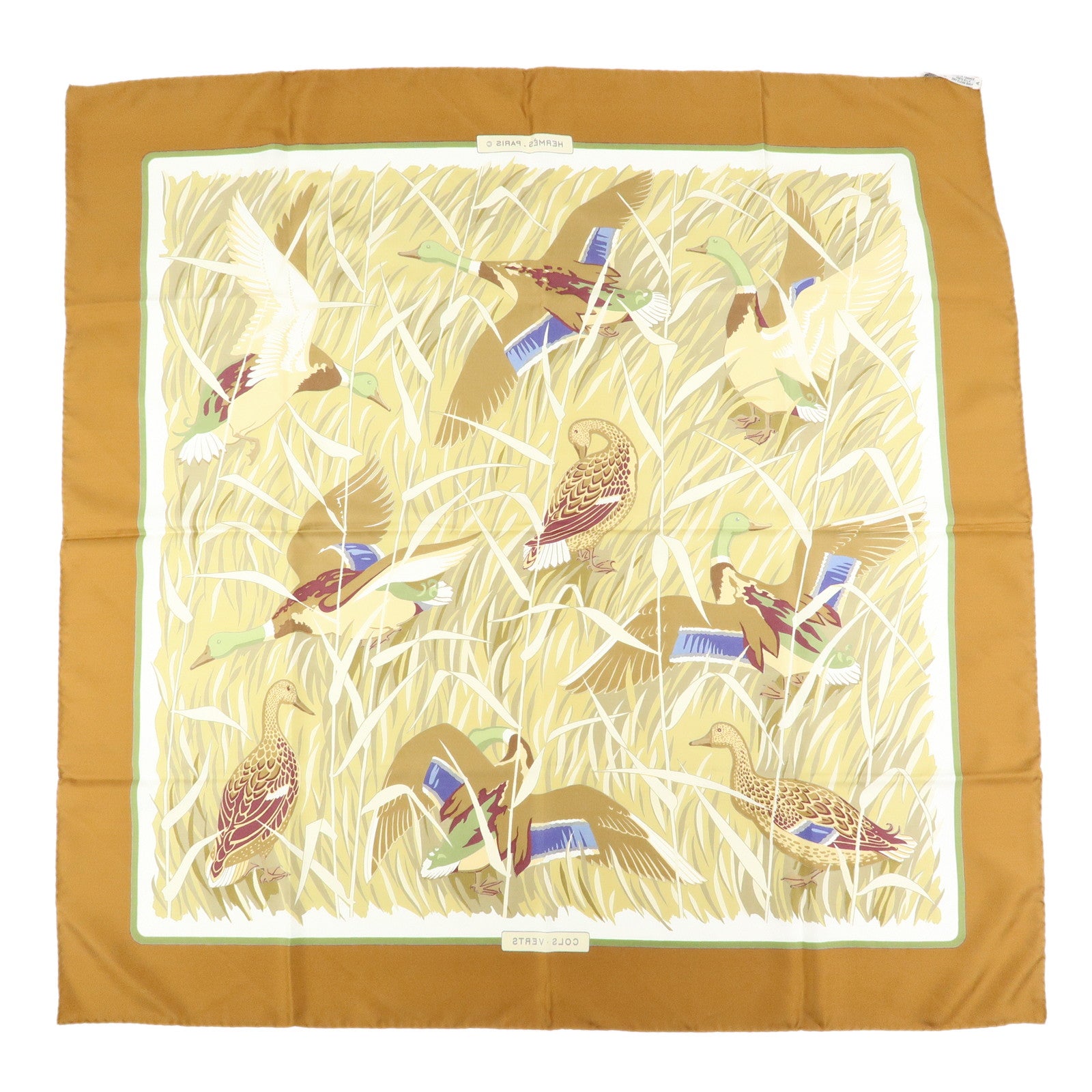 HERMES Carre 90 Silk 100% COLS VERTS Scarf Beige Brown