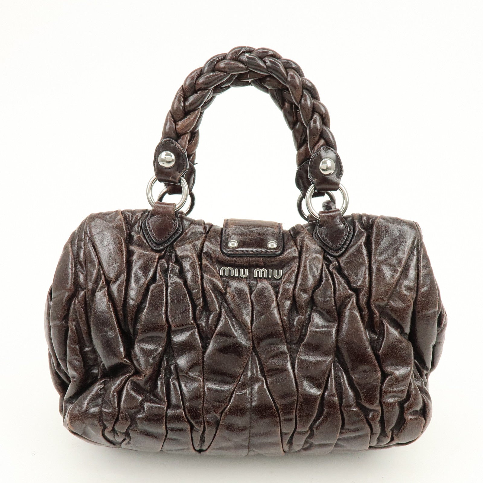 MIU MIU Matelasse Leather 2Way Bag Hand Bag Shoulder Bag Dark Brown
