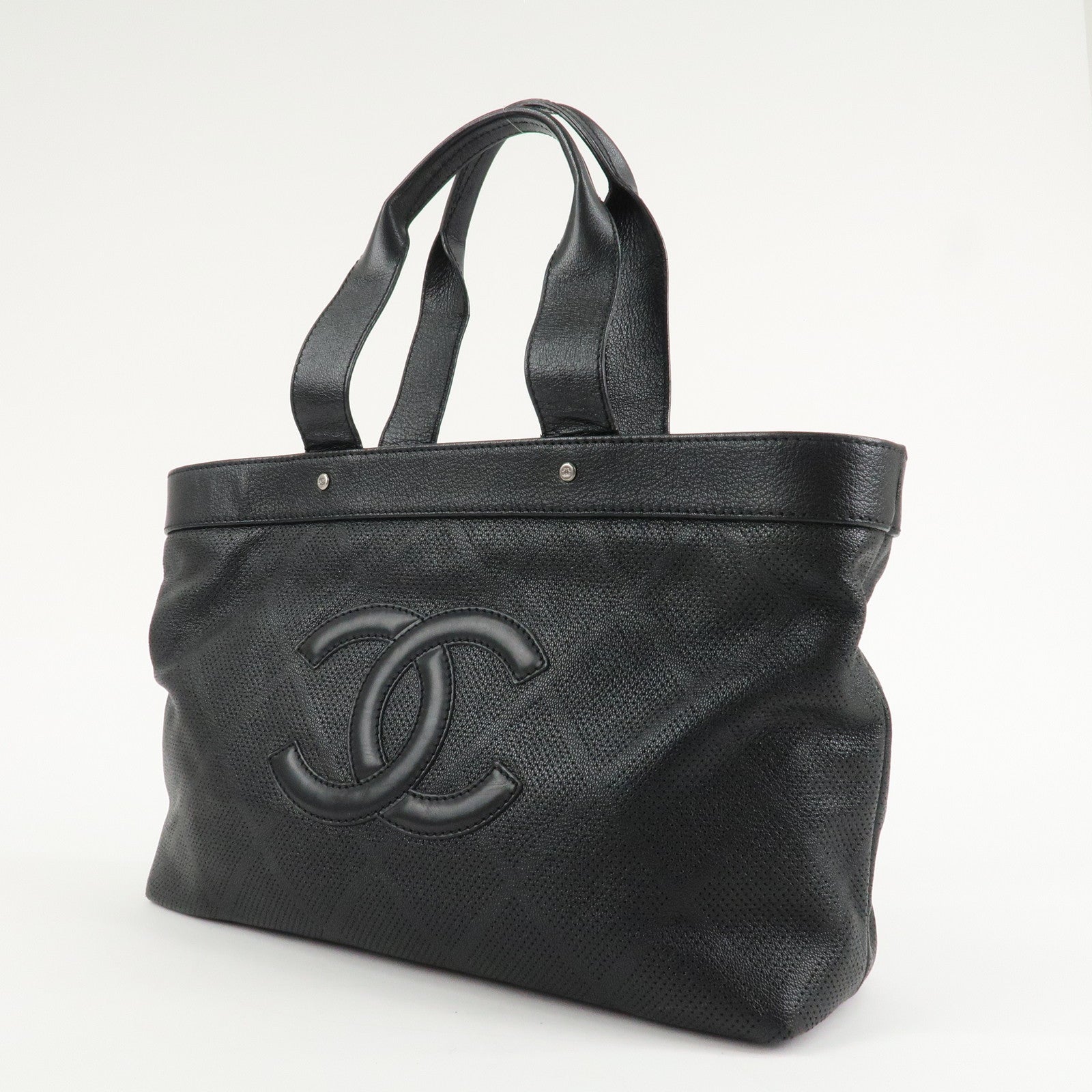 CHANEL COCO Mark Patent Leather Punchcing Tote Bag Shoulder Bag Black Used