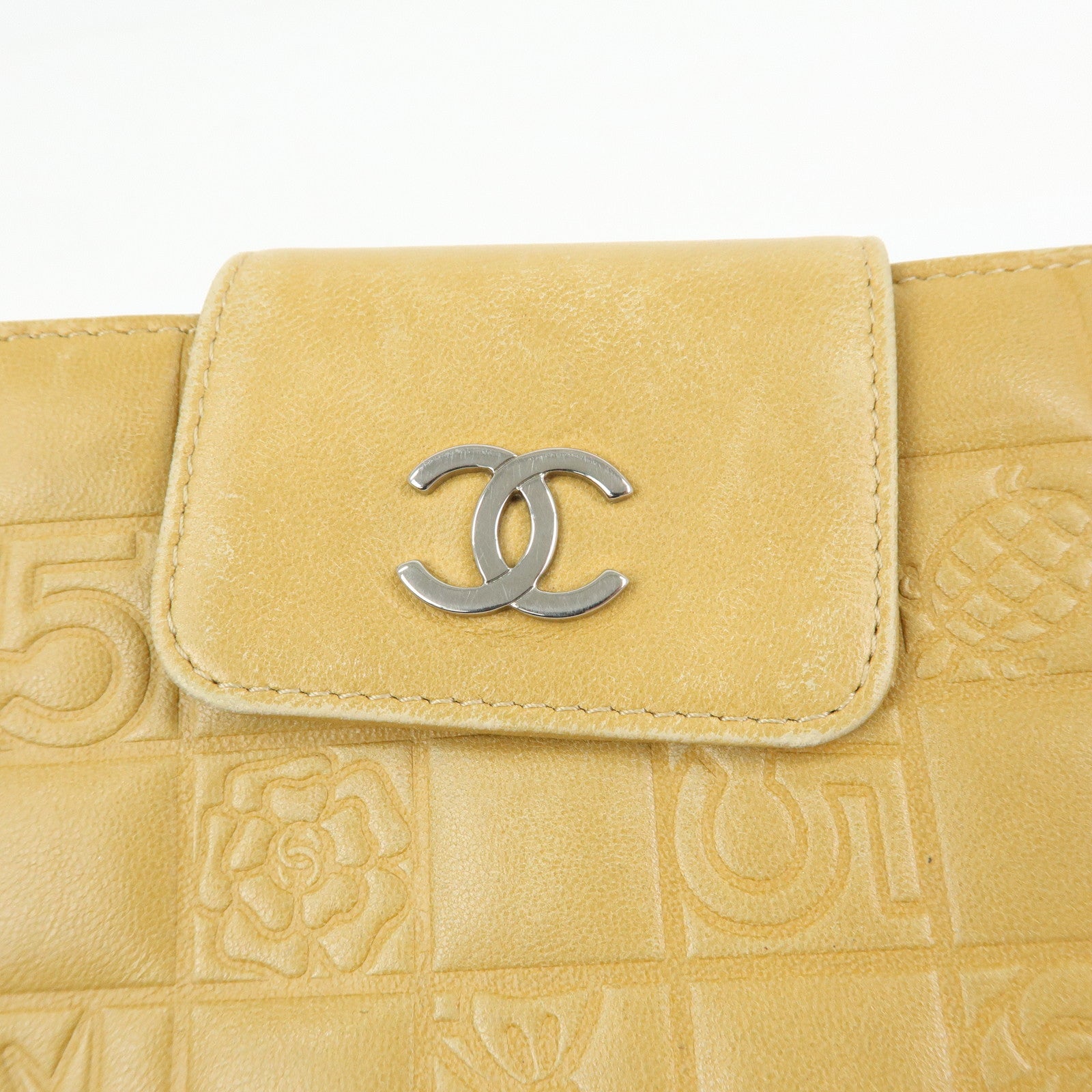 CHANEL Chocolate Bar Lamb Skin Long Wallet Yellow Beige A82281