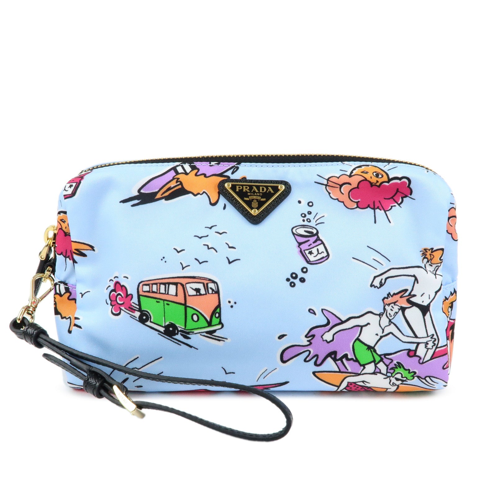 PRADA Triangle Logo Nylon Cosmetic Pouch Light Blue 1NS693