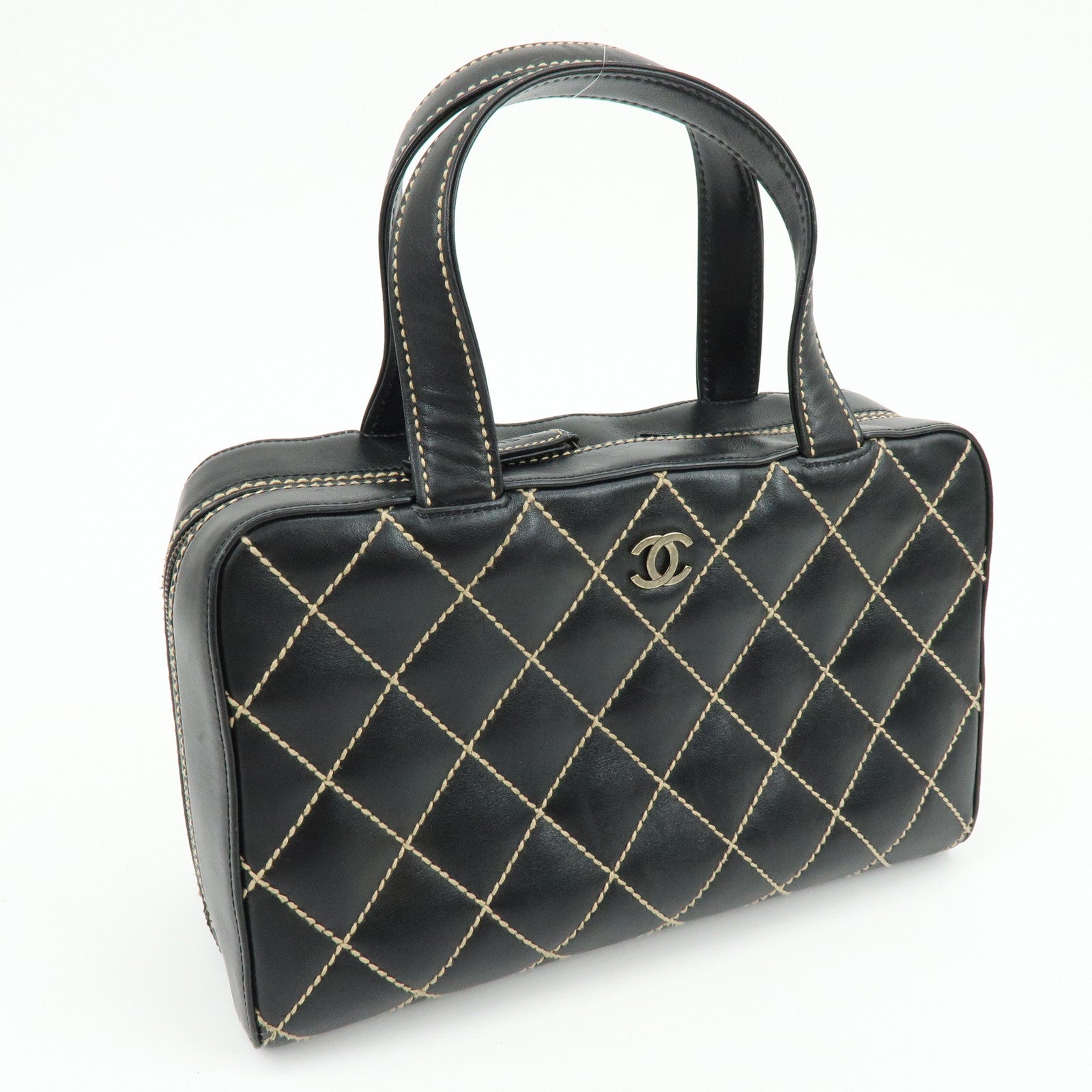 CHANEL Wild Stitch COCO Mark Calf Leather Hand Bag Tote Bag Black