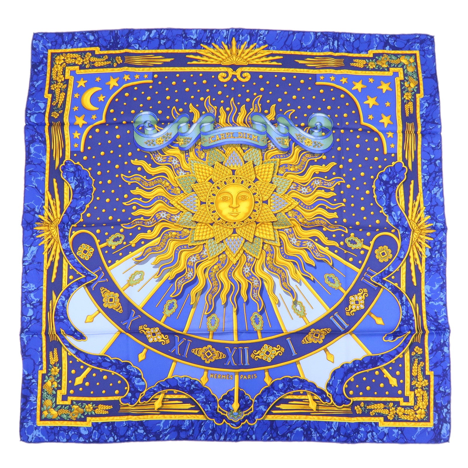 HERMES Carre 90 Silk 100% CARPE DIEM Scarf Navy Blue Yellow