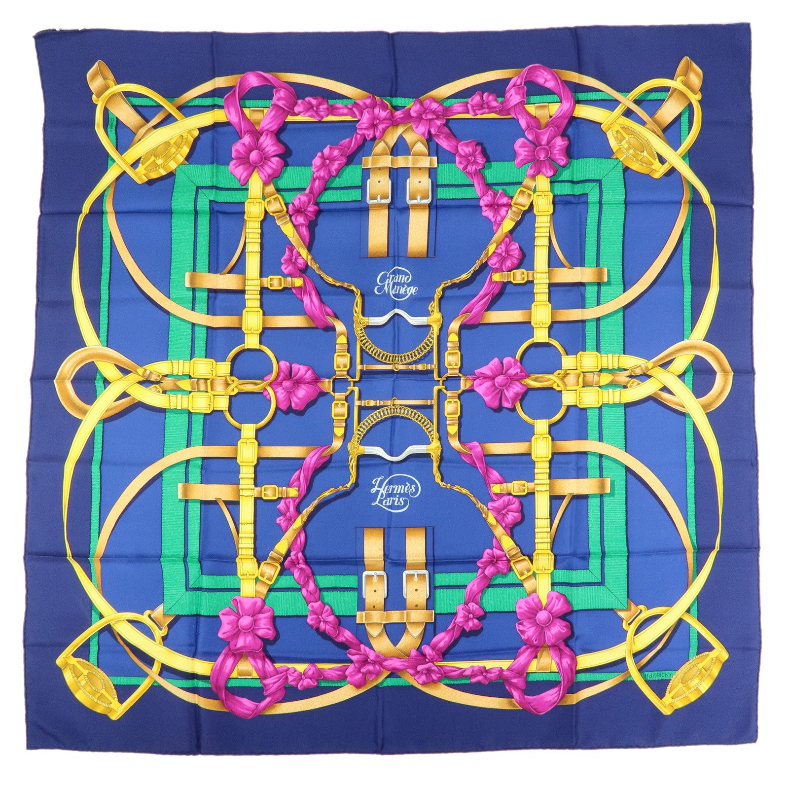 HERMES Carre 90 Silk 100% Scarf Grand Manege Navy Gold