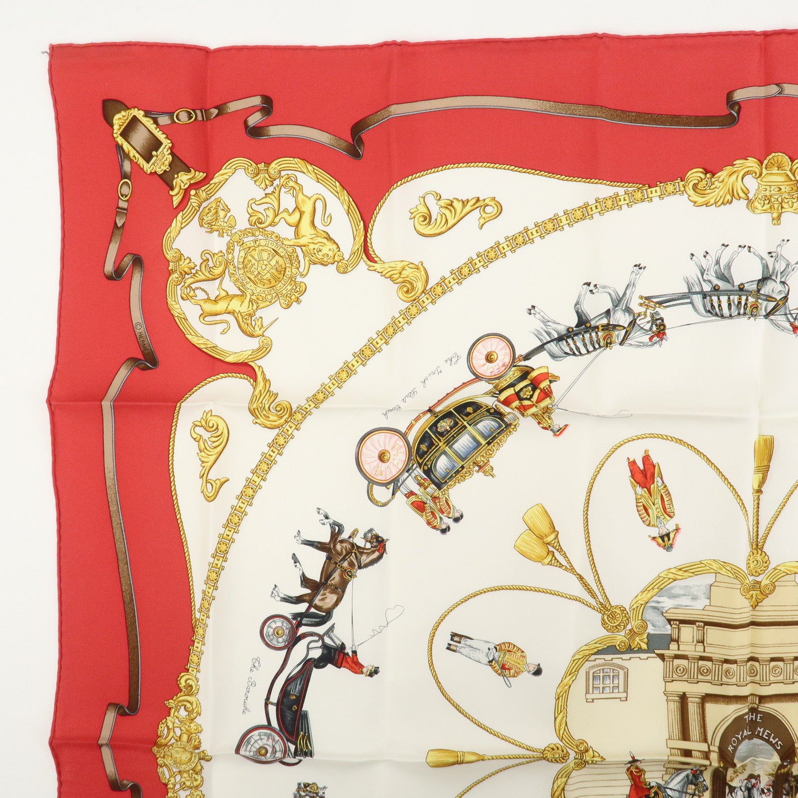 HERMES Carre 90 Silk 100% THE ROYAL MEWS Scarf Red White