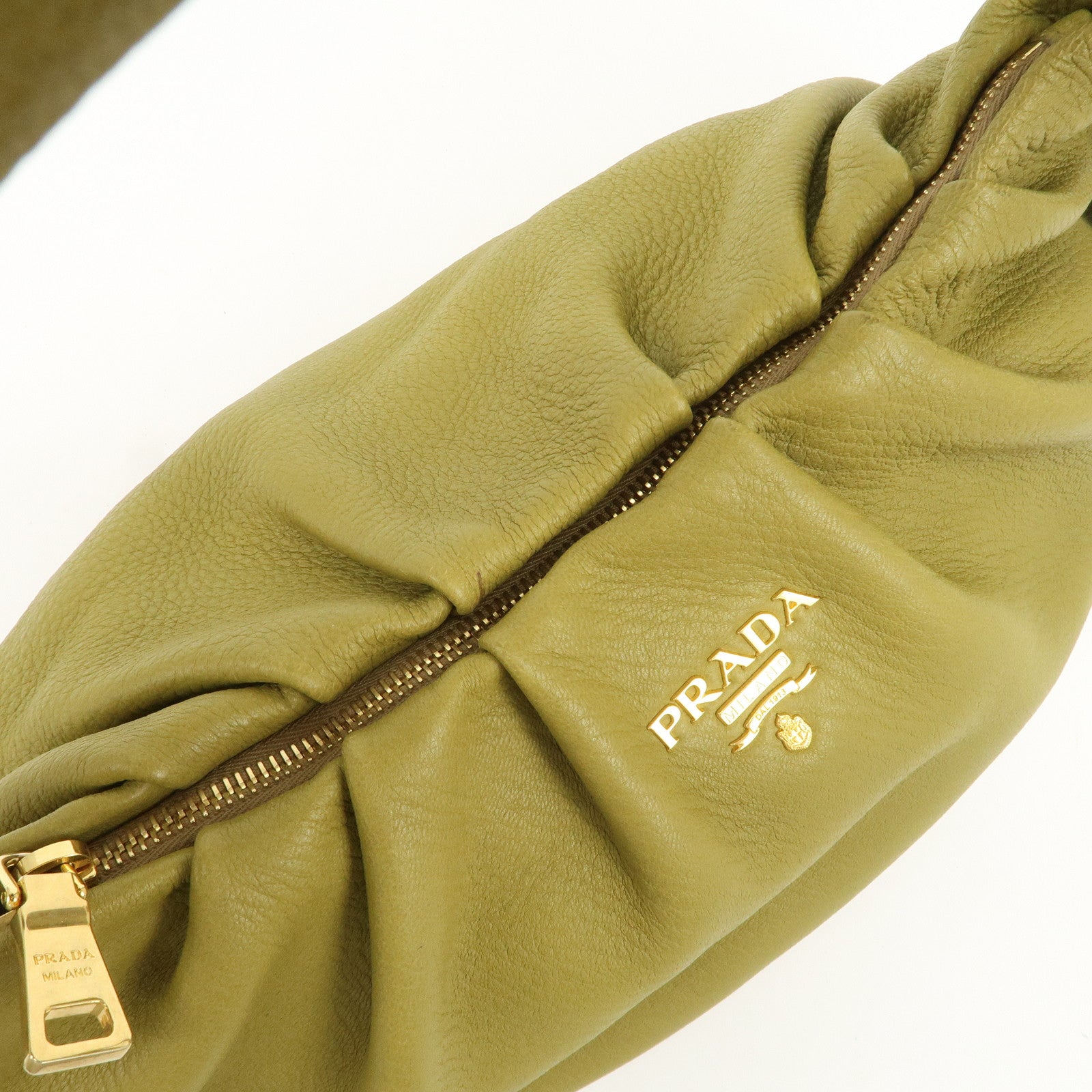 PRADA Logo Leather Shoulder Bag Hand Bag Khaki Gold HDW BR4070