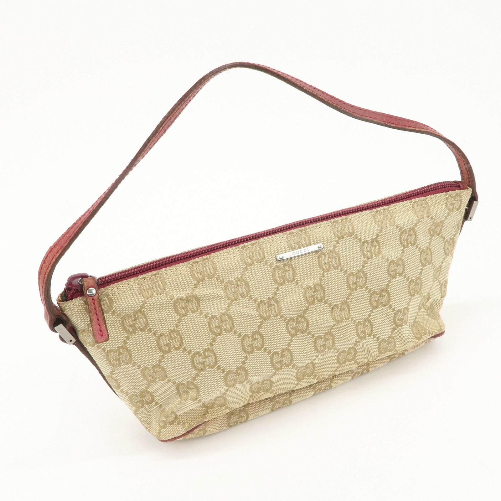 GUCCI Boat Bag GG Canvas Leather Hand Bag Pouch Beige Red 07198