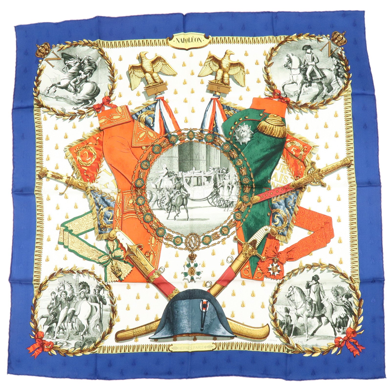 HERMES Carre 90 Silk 100% Scarf NAPOLEON Blue White