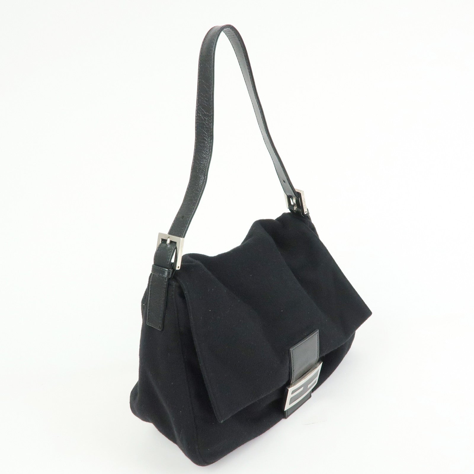 FENDI Mamma Baguette Wool Leather Shoulder Bag Hand Bag Black 26325