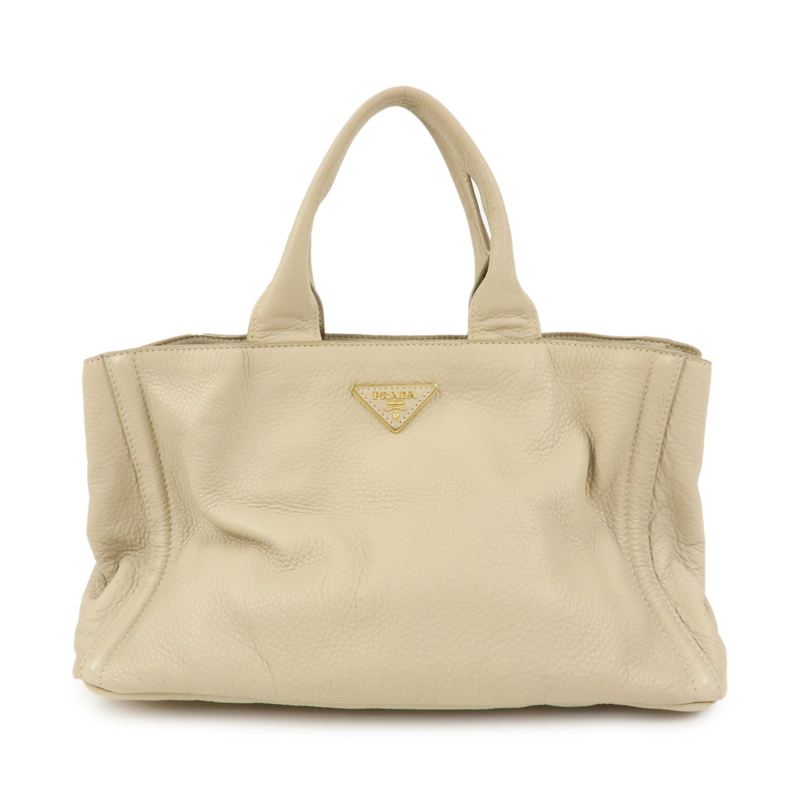 PRADA Triangle Logo Canapa Vittello Daino Leather Hand Bag Beige