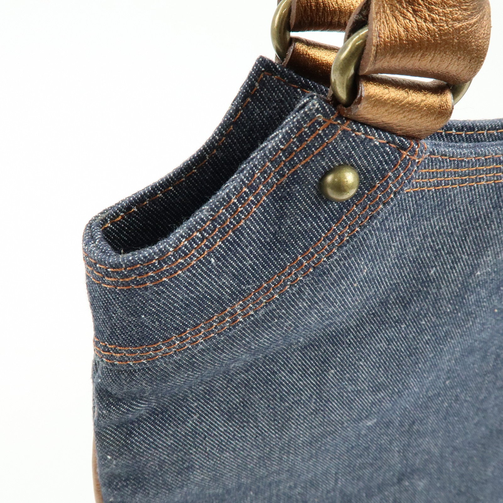 BURBERRY Blue Label Denim Leather Tote Bag Indigo Metallic Brown