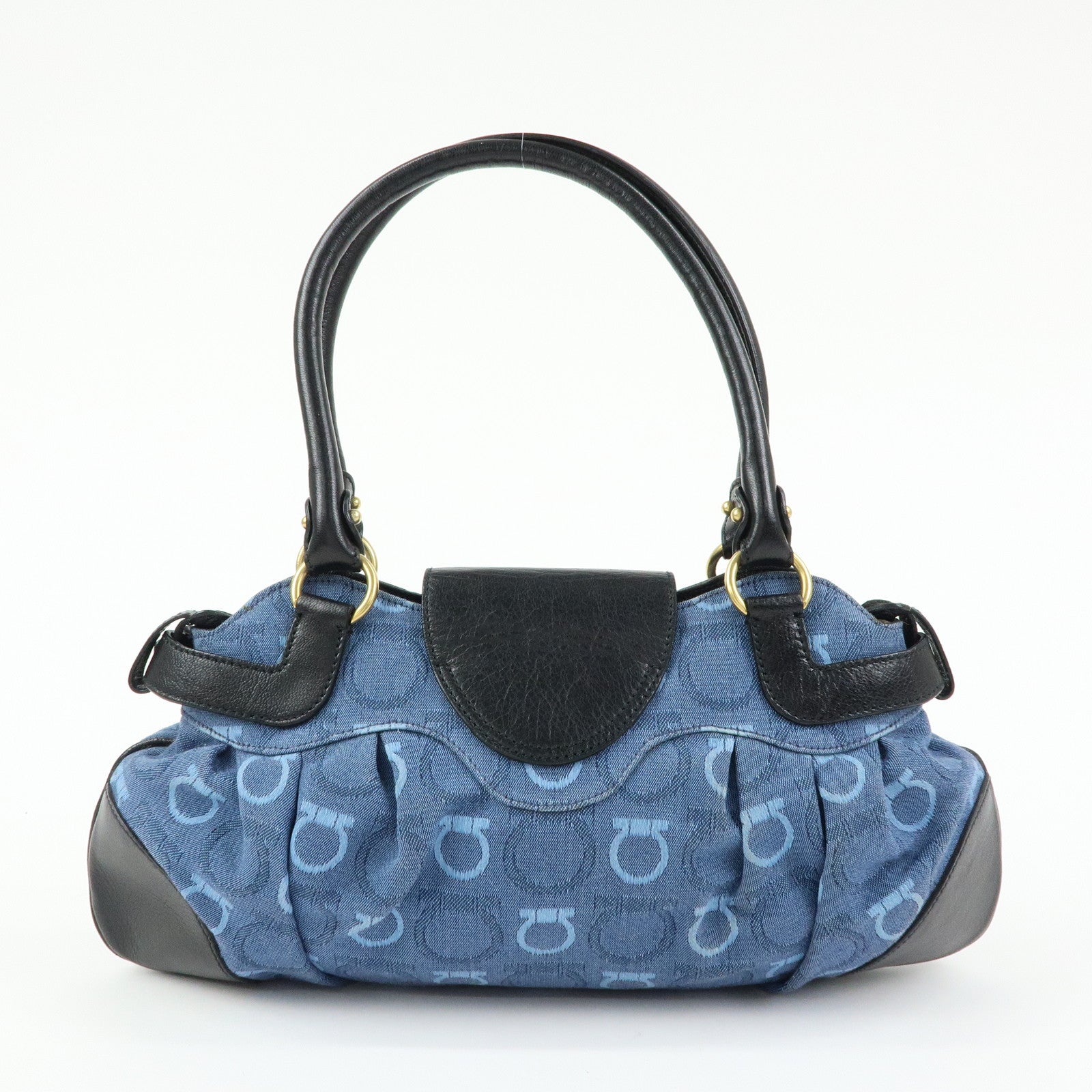 Ferragamo Gancini Canvas Leather Hand Bag Shoulder Bag Blue Black