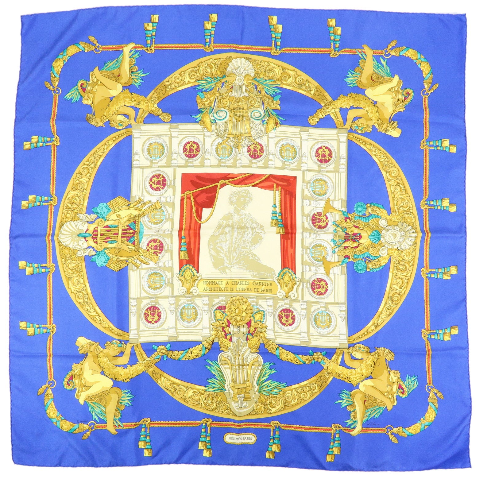 HERMES Carre 90 Silk 100% Scarf HOMMAGE A CHARLES GARNIER Blue