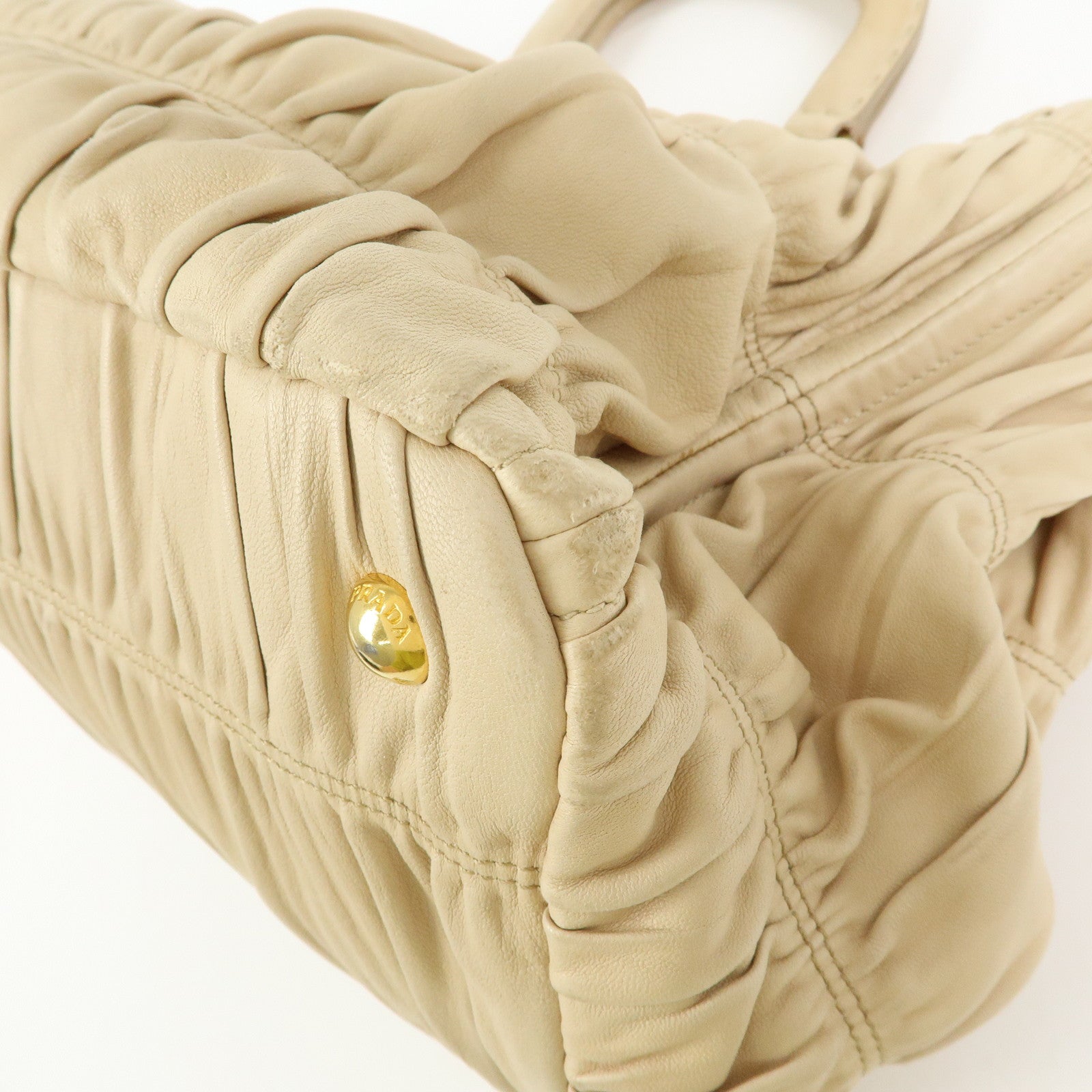 PRADA Logo Gathered Leather 2Way Hand Bag Shoulder Bag Beige BN1924