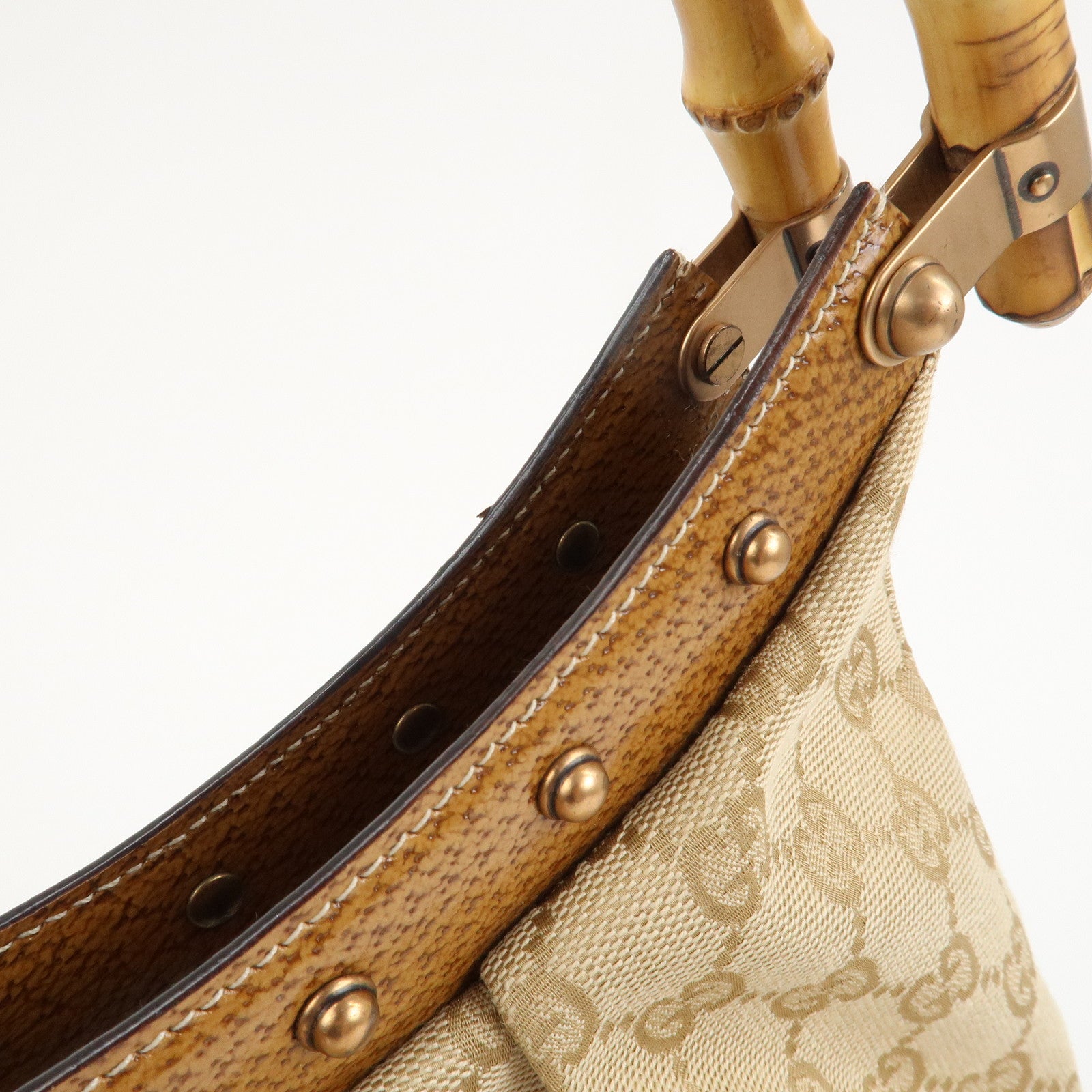 GUCCI Bamboo GG Canvas Leather Shoulder Bag Hand Bag Beige 124293