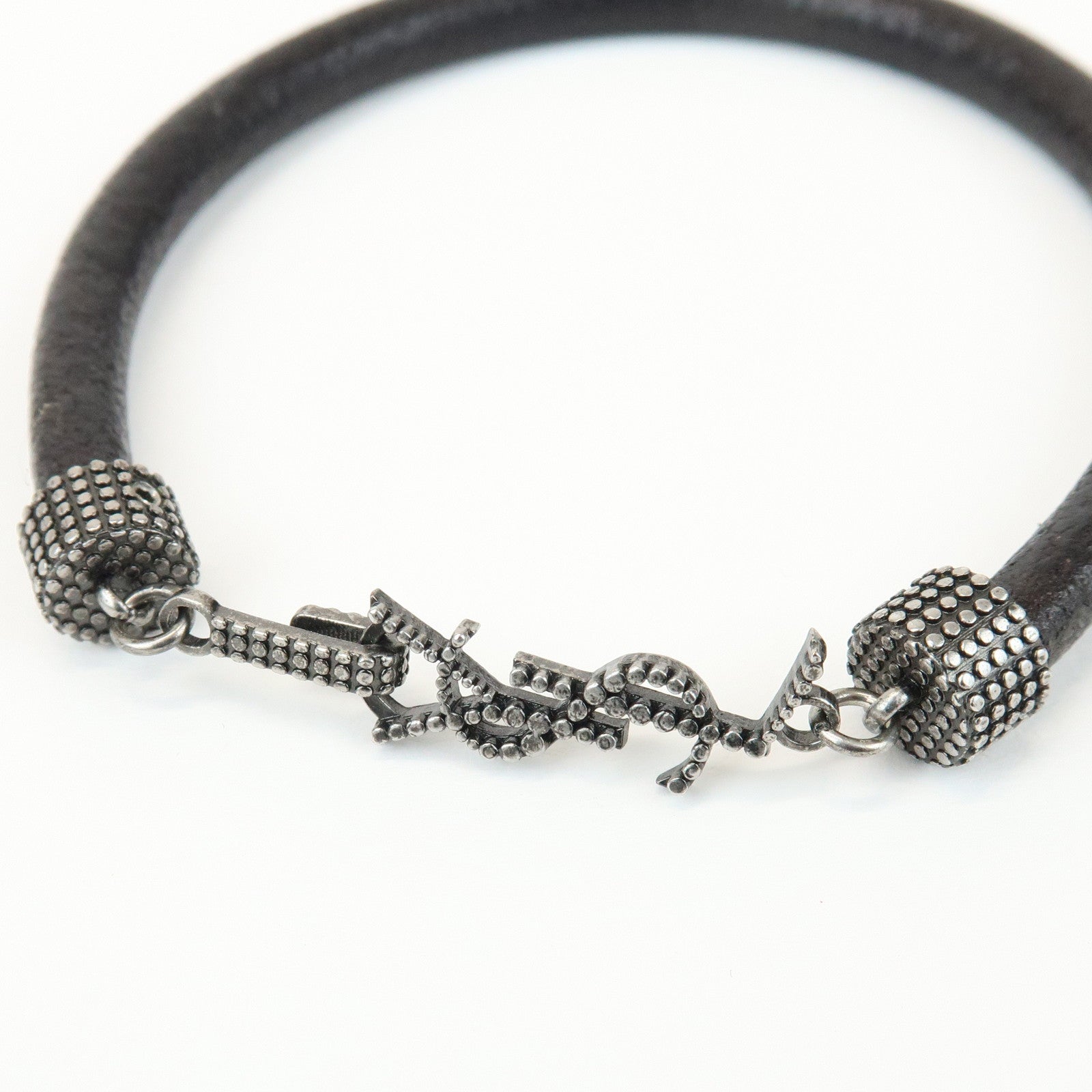 SAINT LAURENT Leather Metal Cassandre Bracelet Black