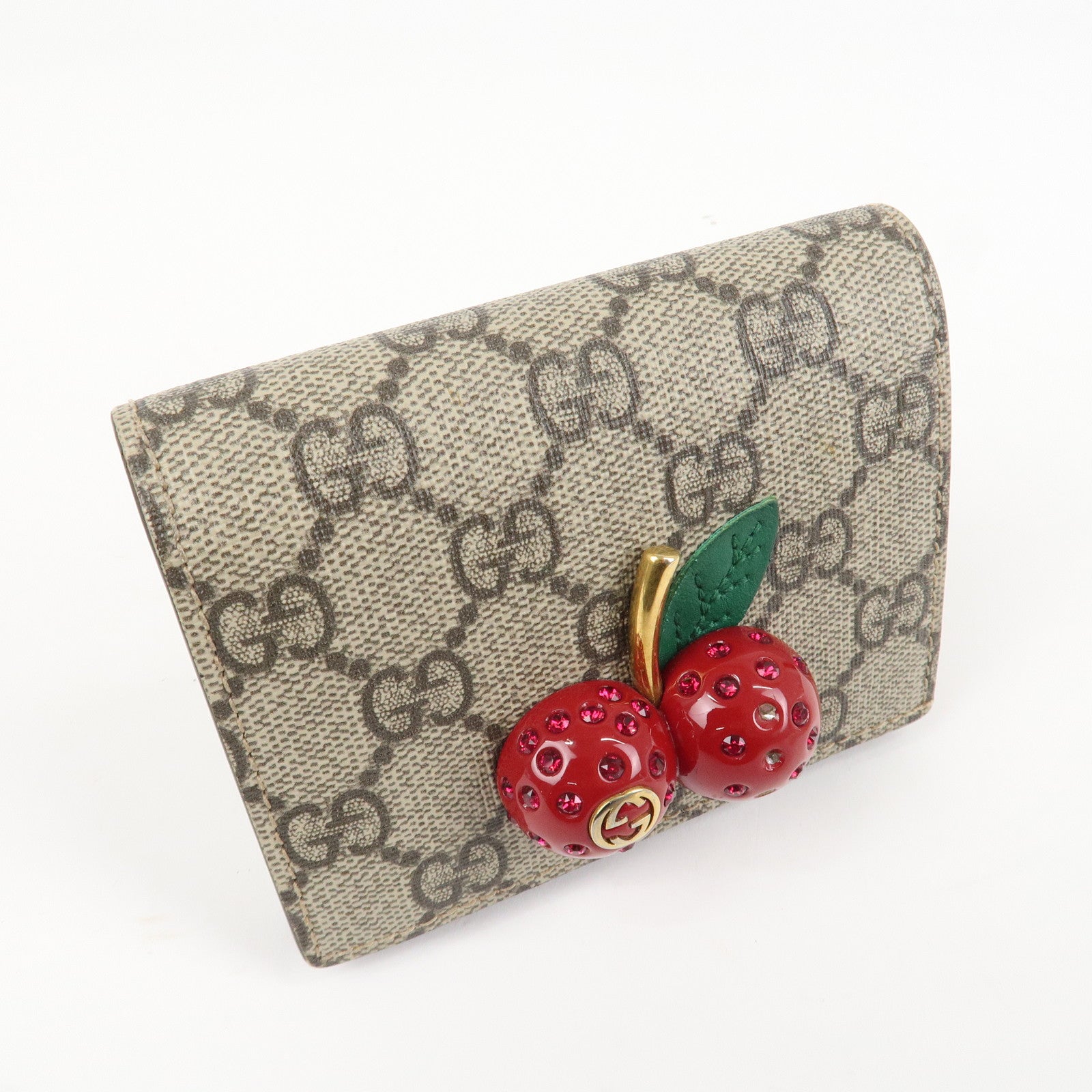GUCCI Interlocking G GG Supreme Cherry Compact Wallet Beige 476050 Used