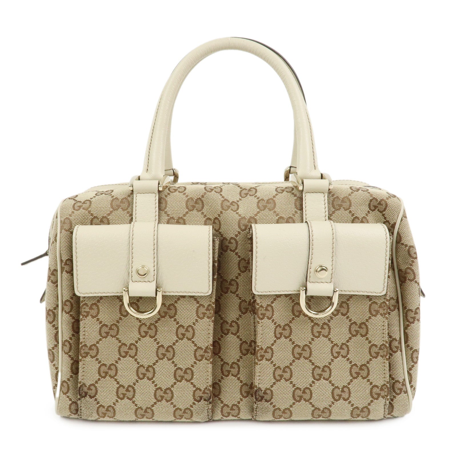 GUCCI GG Canvas Leather Mini Boston Bag Hand Bag Brown Ivory 153026