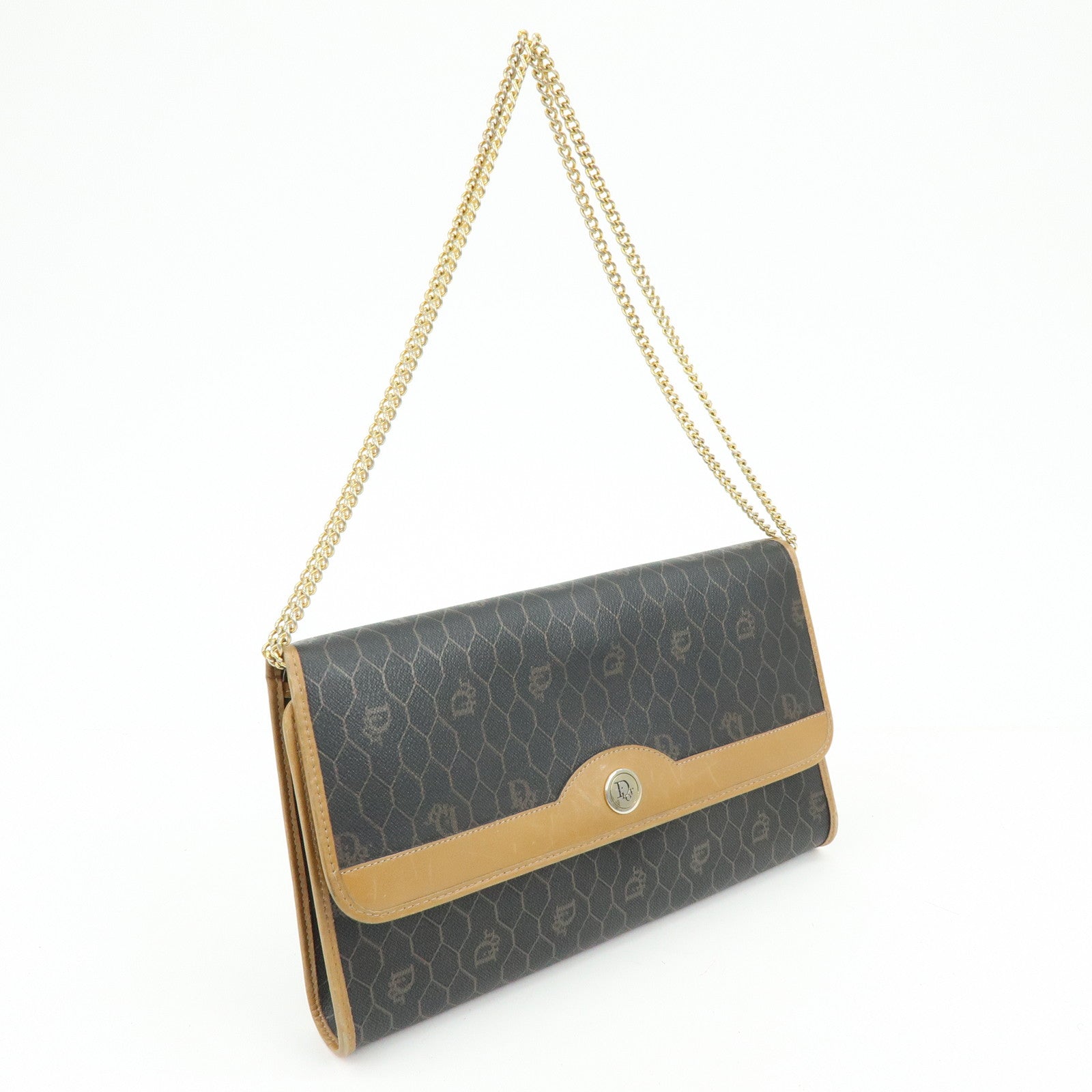 Christian Dior Honeycomb PVC Leather Chain Shoulder Bag Brown