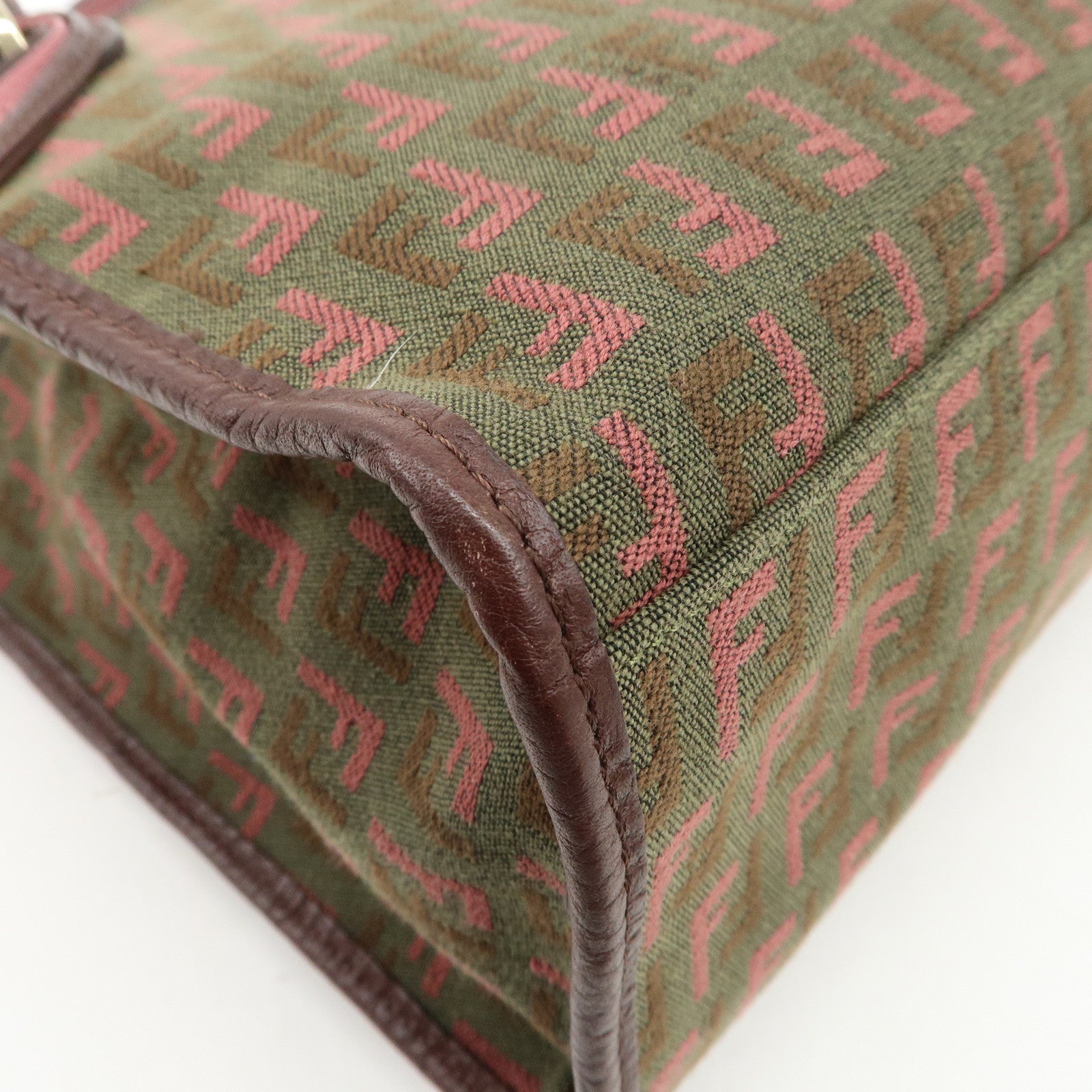 FENDI Zucchino Leather Canvas Hand Bag Khaki Bordeaux