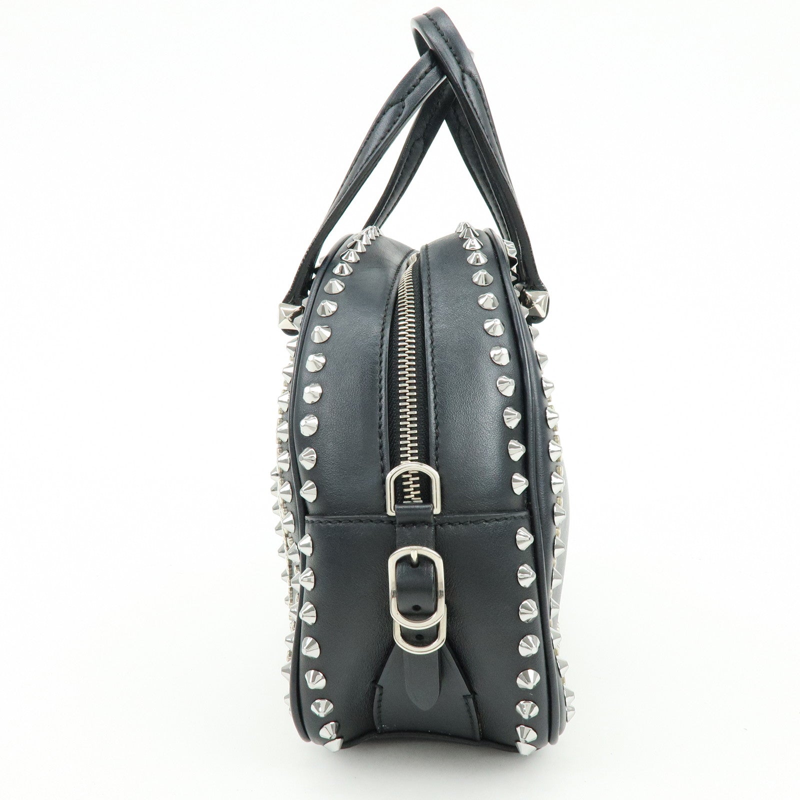JIMMY CHOO Varenne Leather Bowling Bag Hand Bag Studs Black