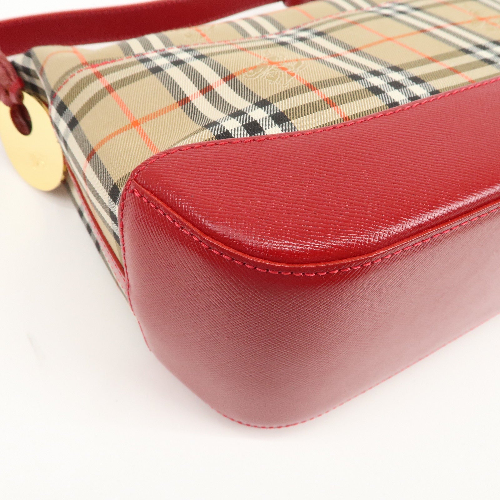 BURBERRY Nova Plaid Canvas Leather Hand Bag Shoulder Bag Beige Red