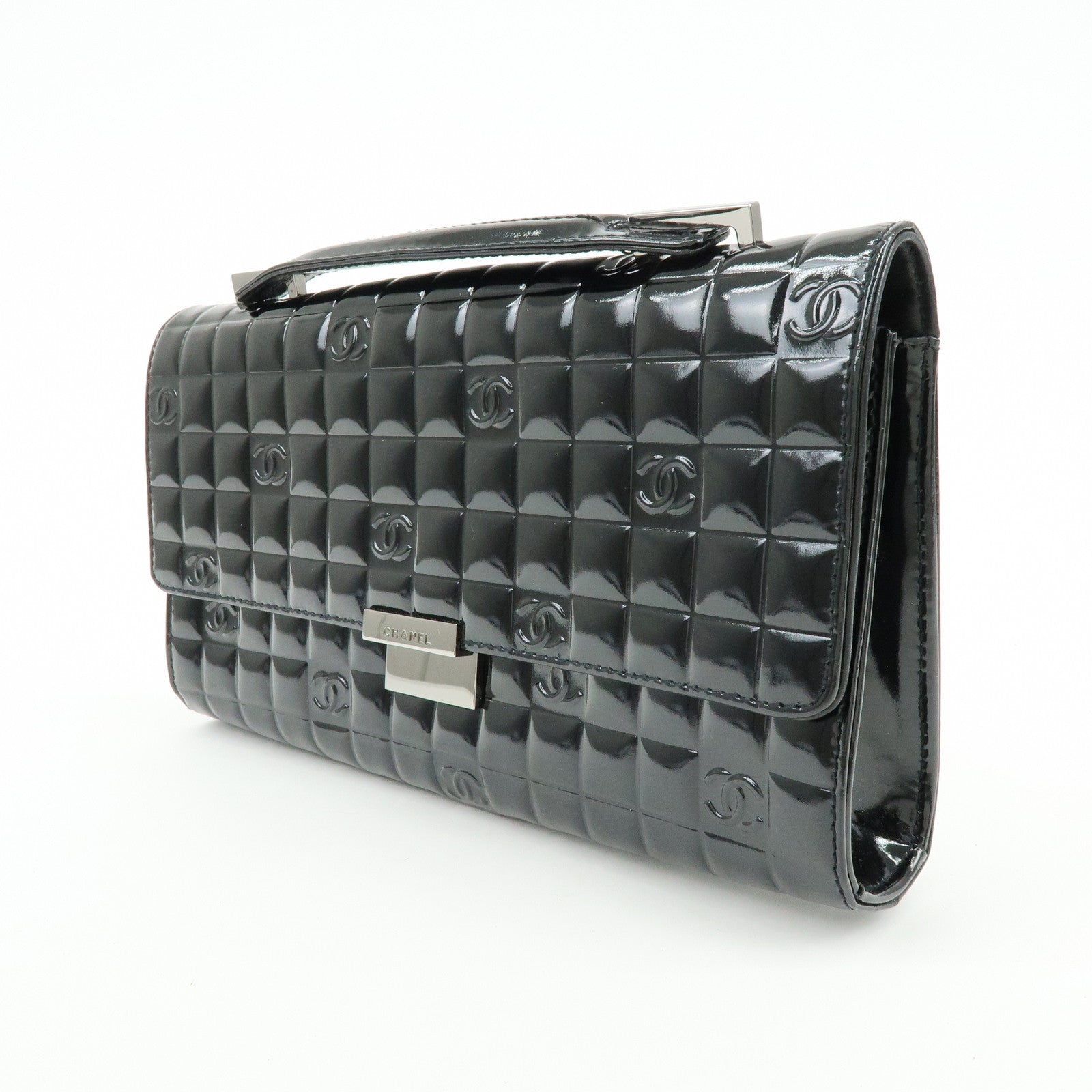 CHANEL Chocolate Bar COCO Mark Patent Leather Hand Bag Black