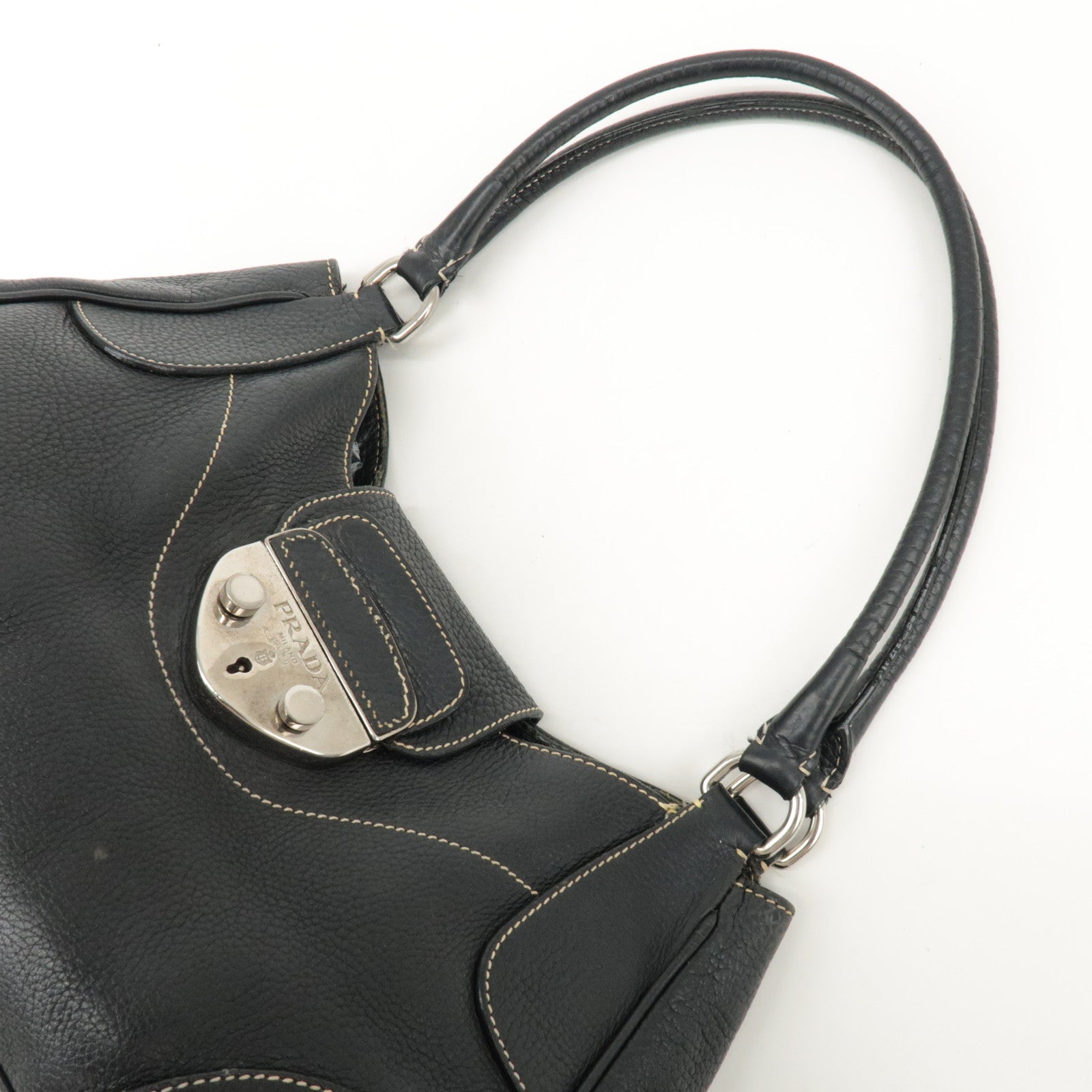 PRADA Logo Leather Shoulder Bag Hand Bag Black BR3593 Used