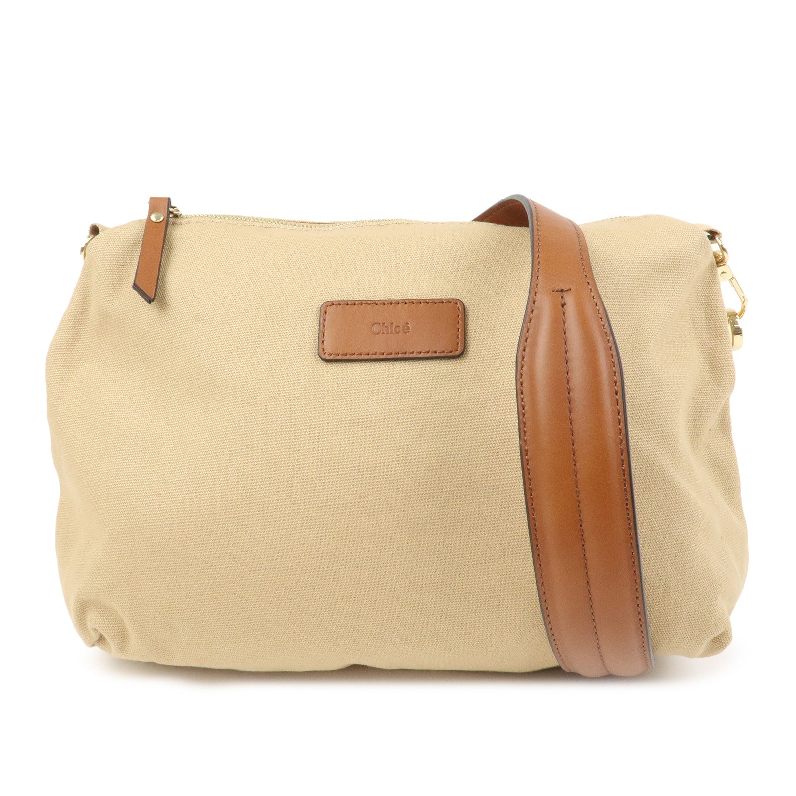 Chloe Logo 2Way Canvas Leather Shoulder Bag Crossbody Bag Beige