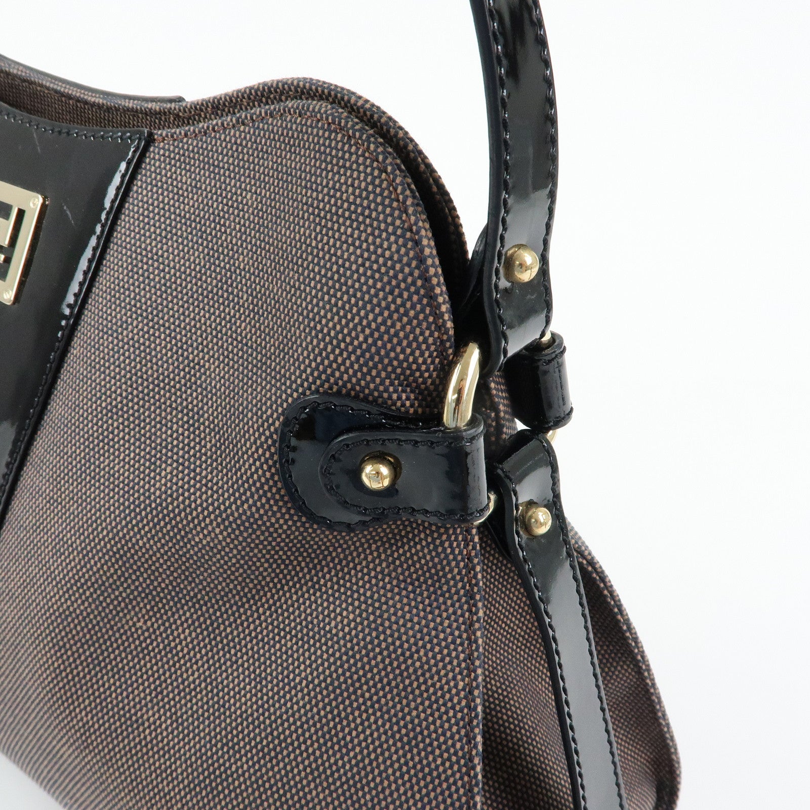 FENDI Canvas Patent Leather Shoulder Hand Bag Brown Black 8BR421