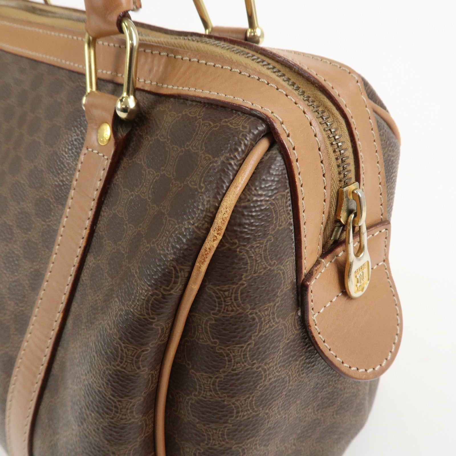 CELINE Macadam Logo PVC Leather Boston Bag Hand Bag Brown