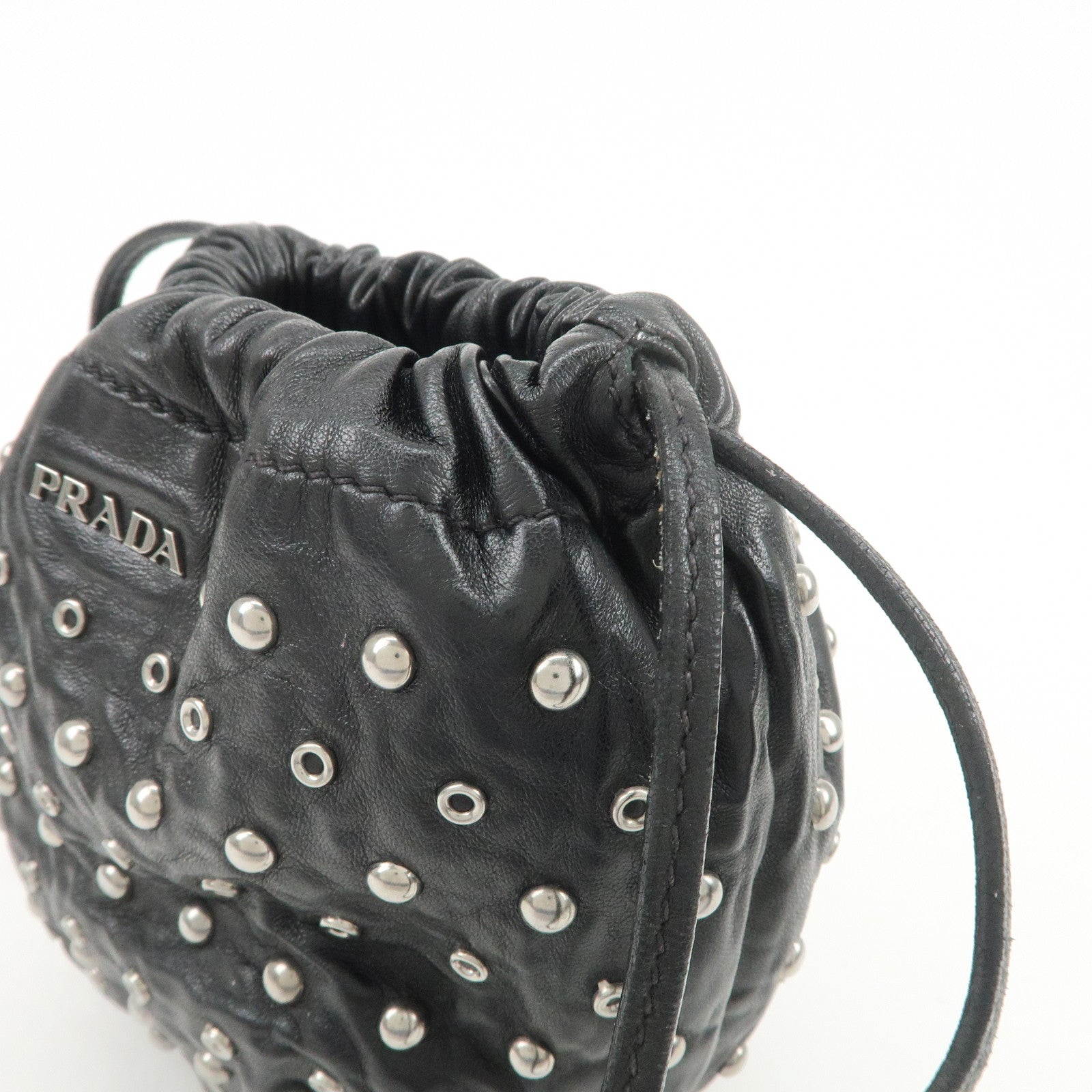 PRADA Studs Leather Drawstring Bag Cosmetic Pouch Black