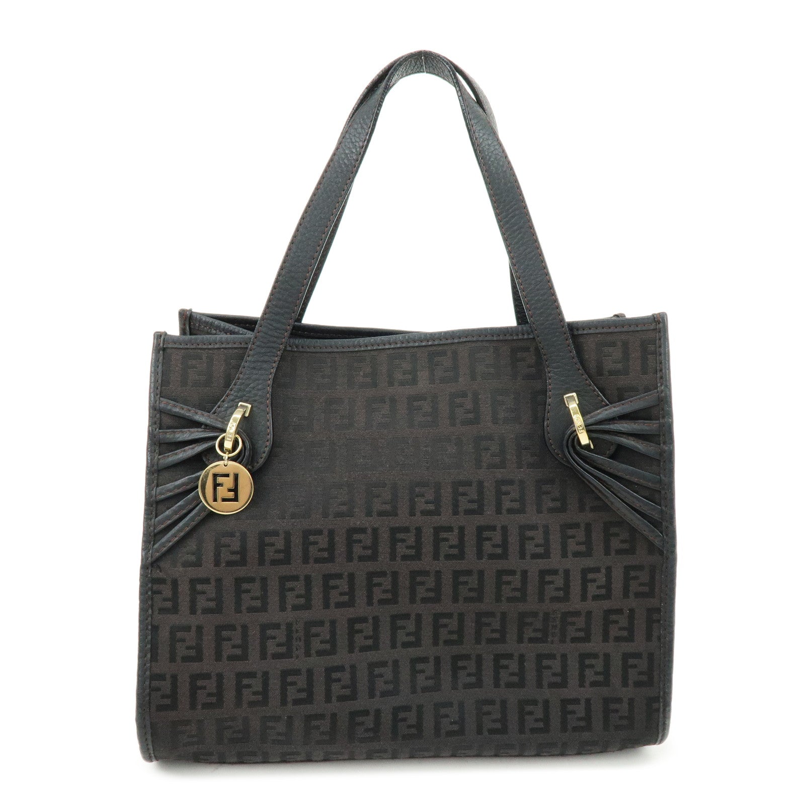 FENDI Zucchino Canvas Leather Hand Bag Tote Bag Brown 8BH152
