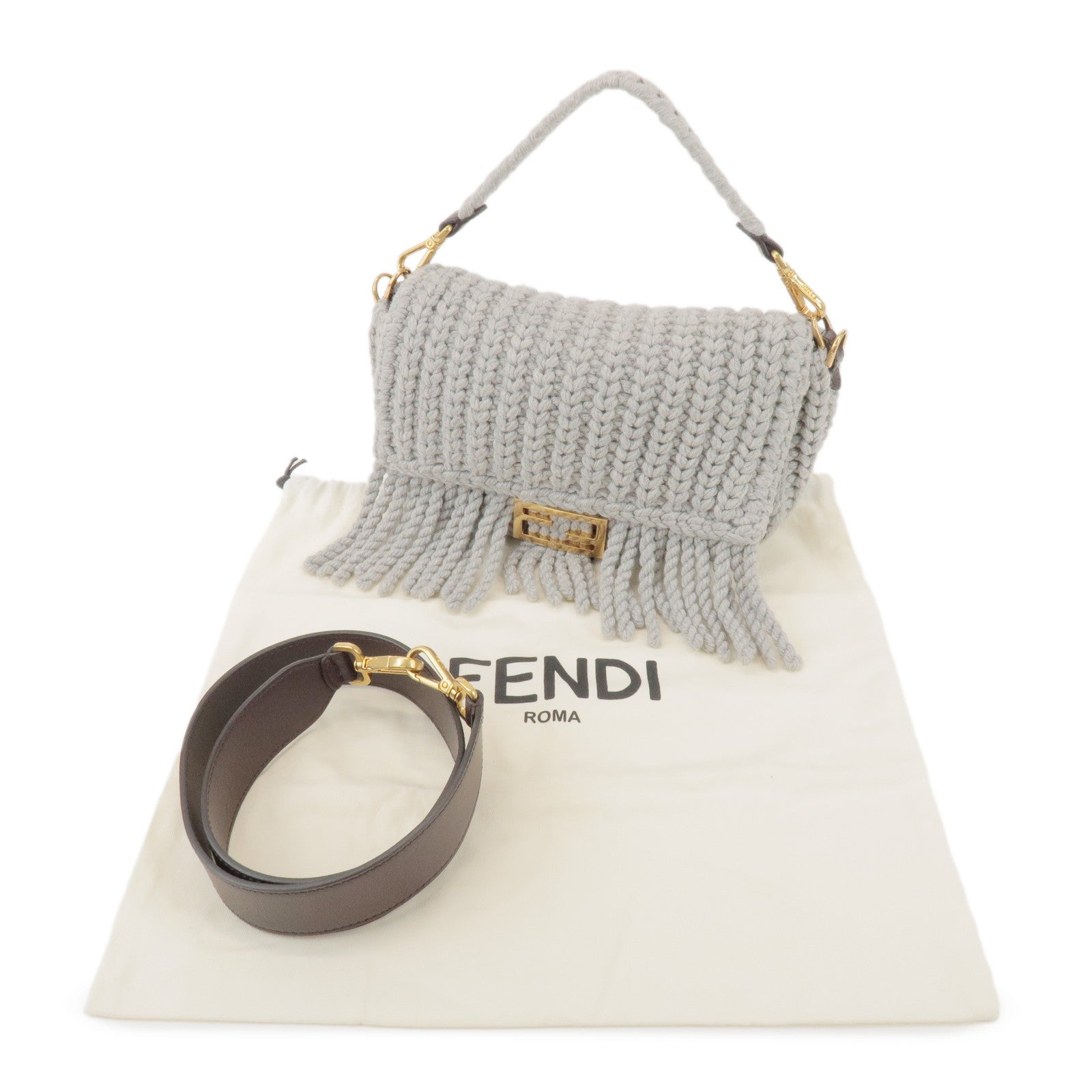 FENDI Zucca Knit Leather 2Way Shoulder Bag Baguette Grey SBR600