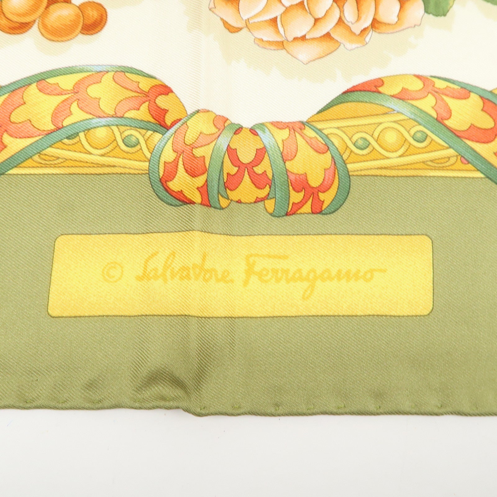 Ferragamo Flower Fruit Motif Silk 100% Scarf Ivory Green Orange