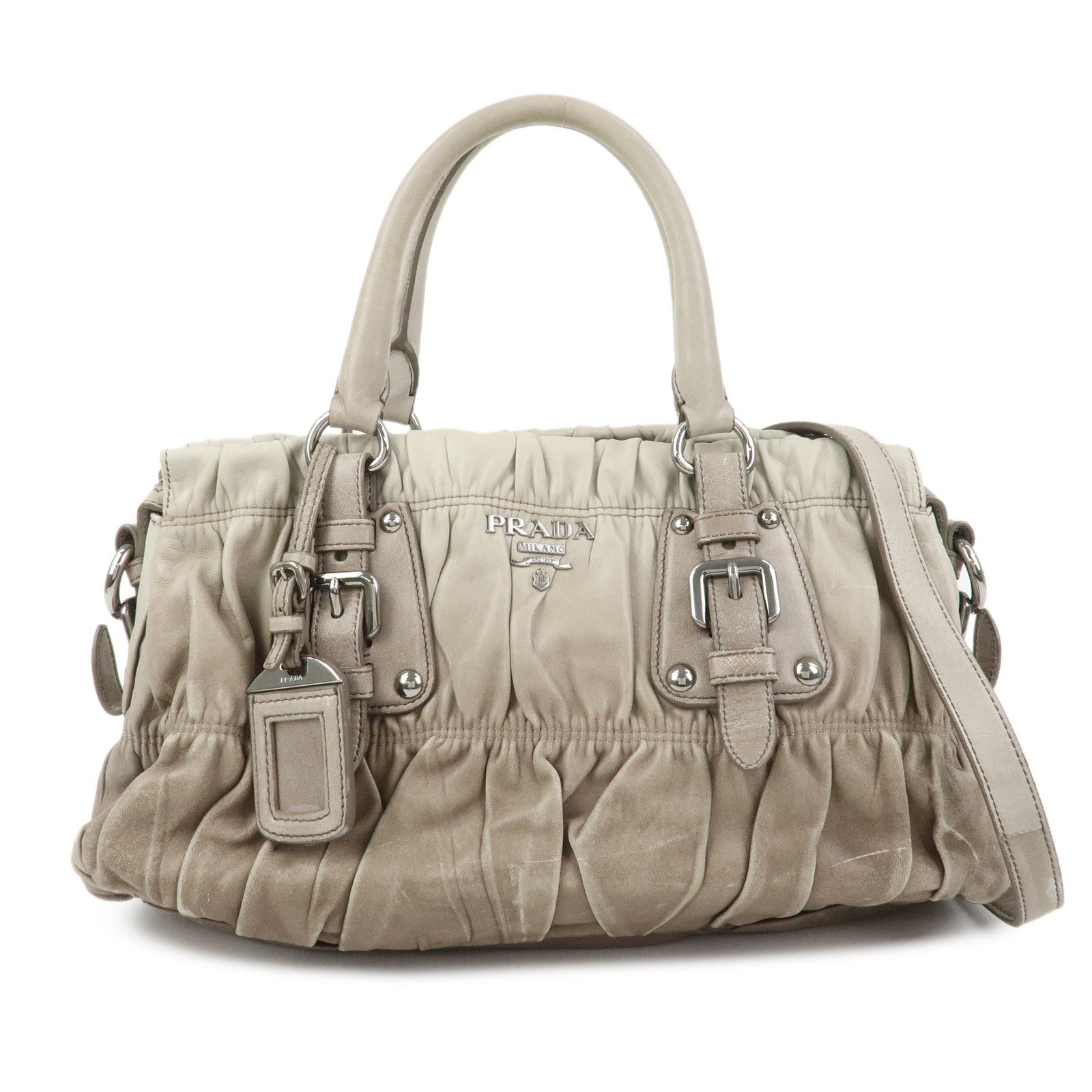 PRADA Leather Gathered 2Way Bag Hand Bag Shoulder Bag Gray BN1407