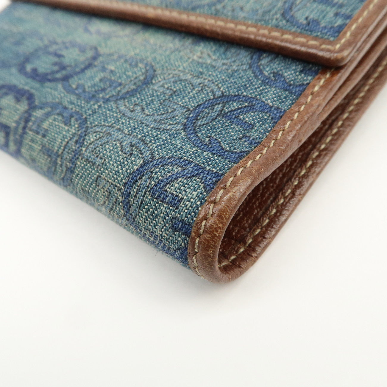 GUCCI Denim Leather Bi-Fold Compact Wallet Blue Brown