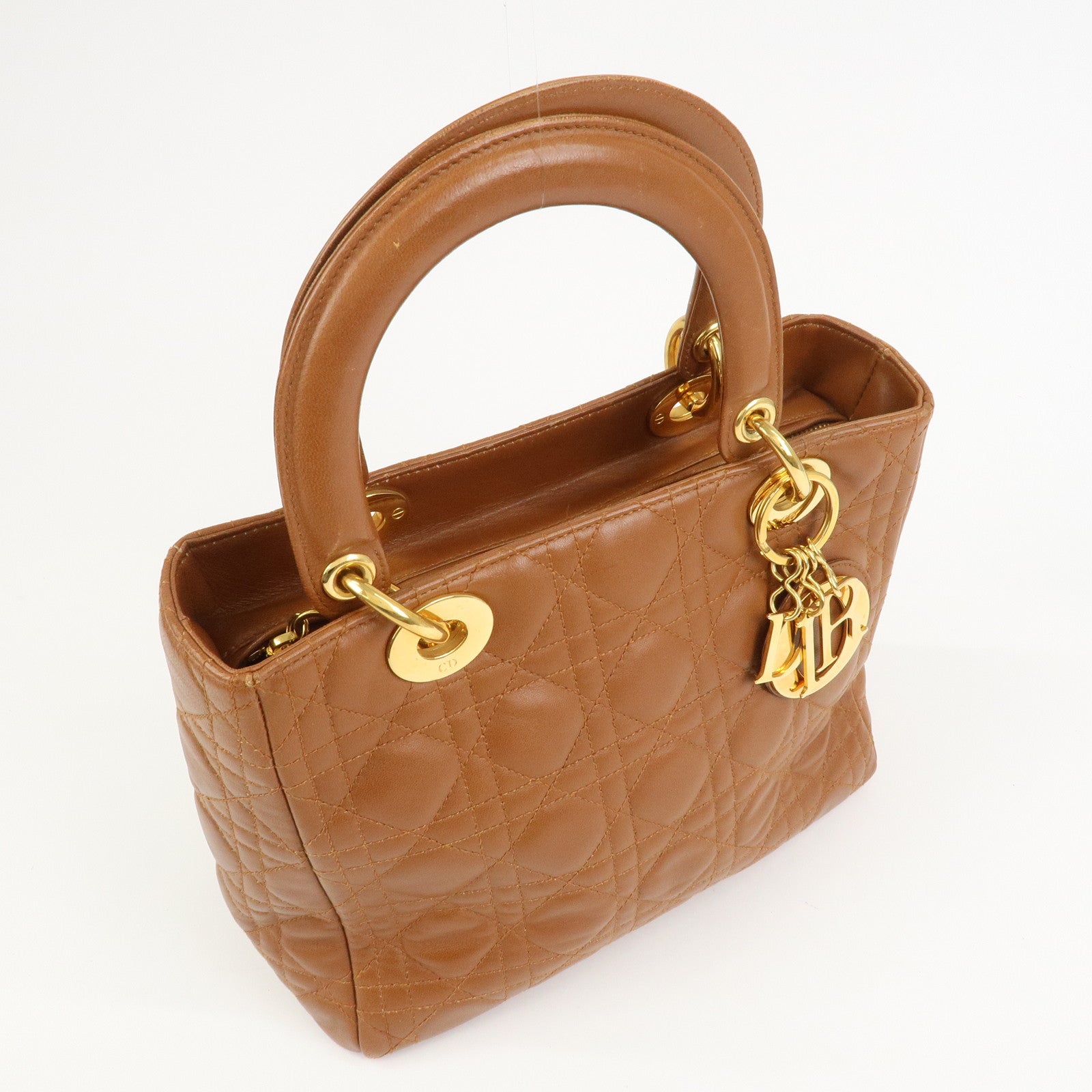 Christian Dior Canage Lady Dior Lamb Skin Hand Bag Tote Bag Brown