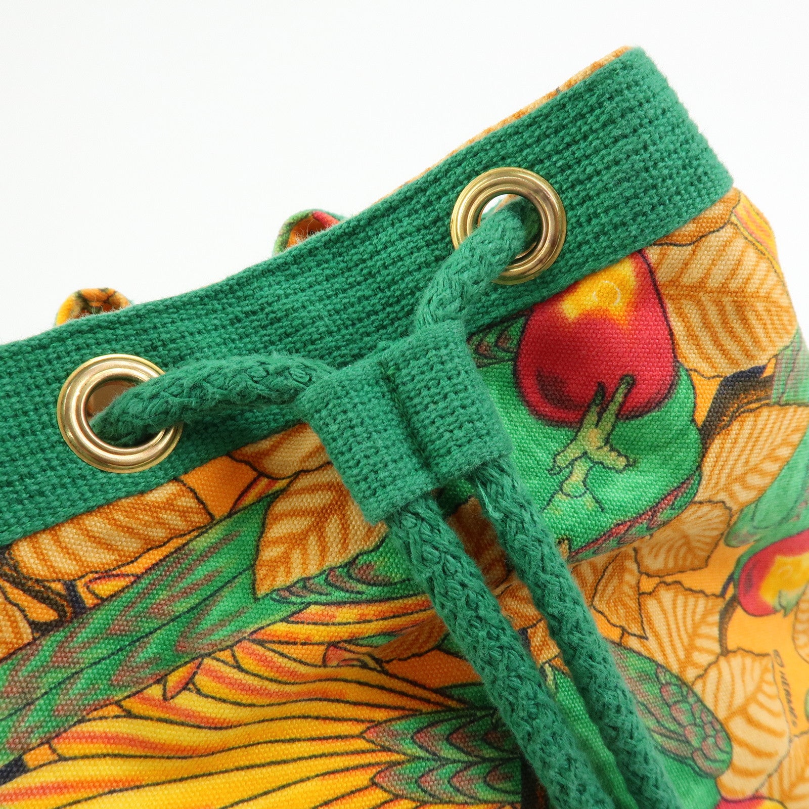 HERMES Canvas Drawstring Shoulder Bag Crossbody Bag Orange Green