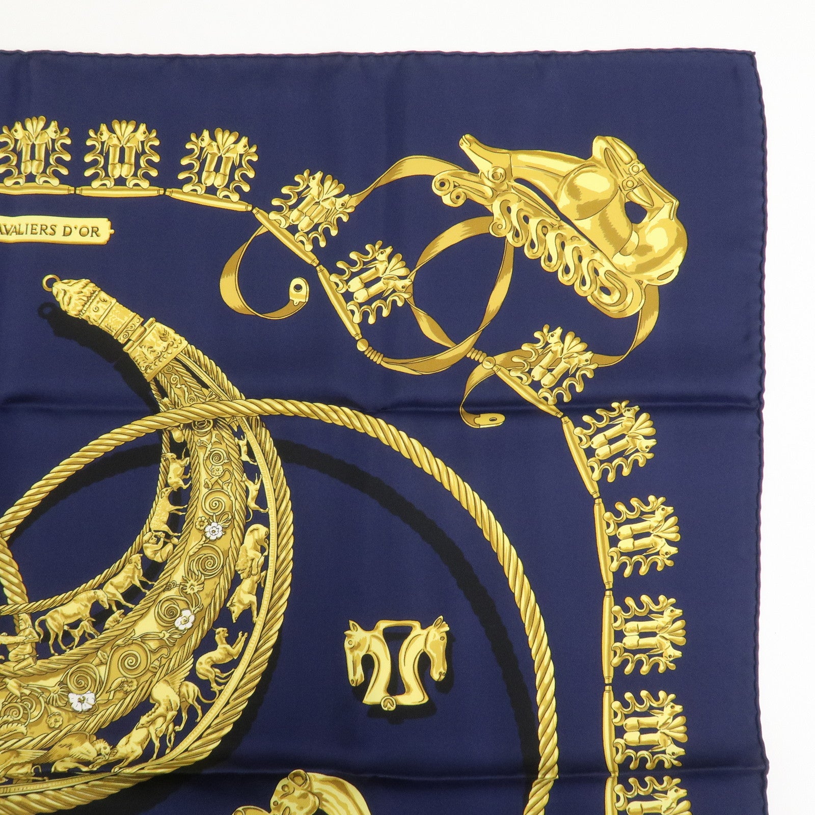 HERMES Carre 90 Silk 100% Scarf LES CAVALIERS D'OR Navy Gold
