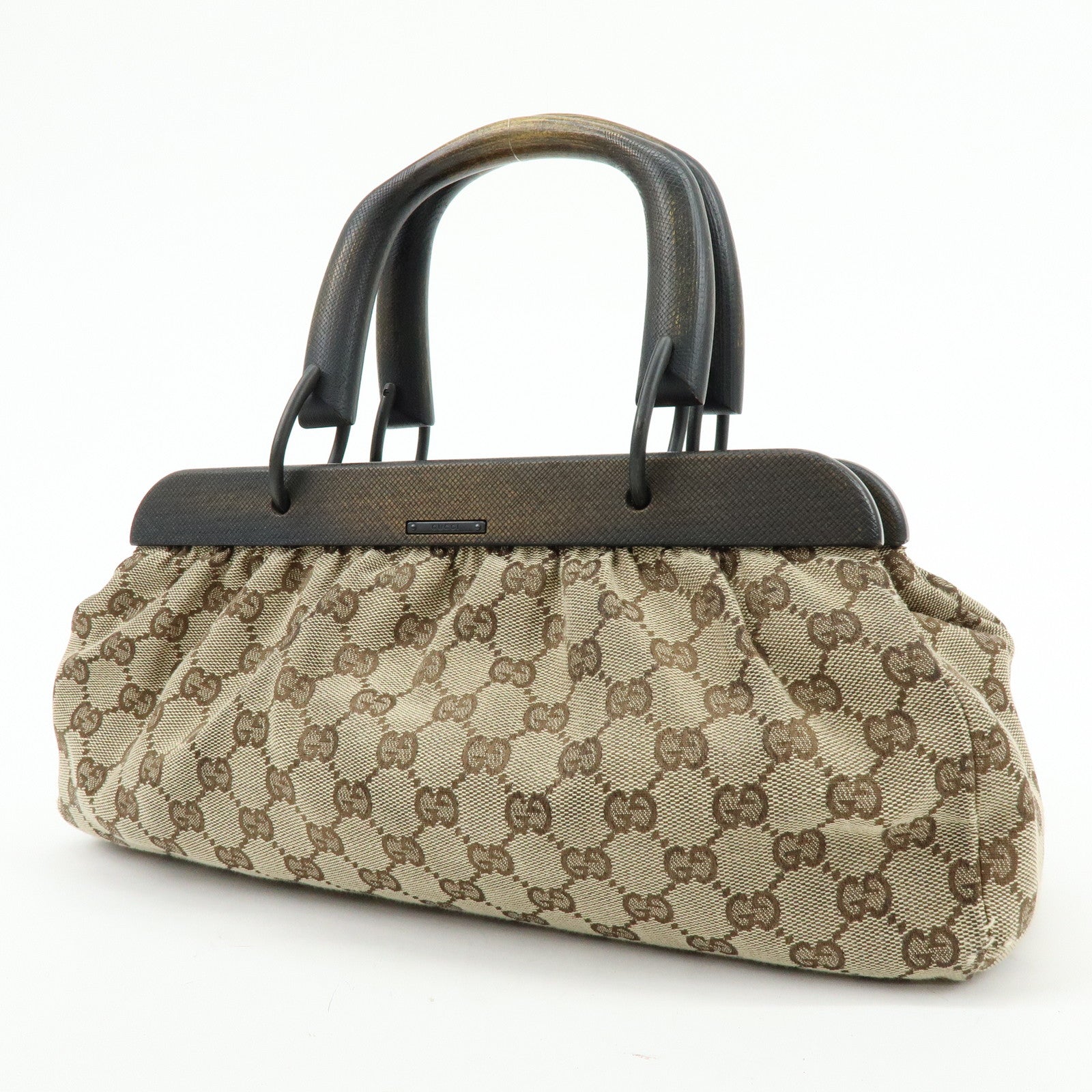 GUCCI GG Monogram Canvas Wood Handle Hand Bag Brown 112683