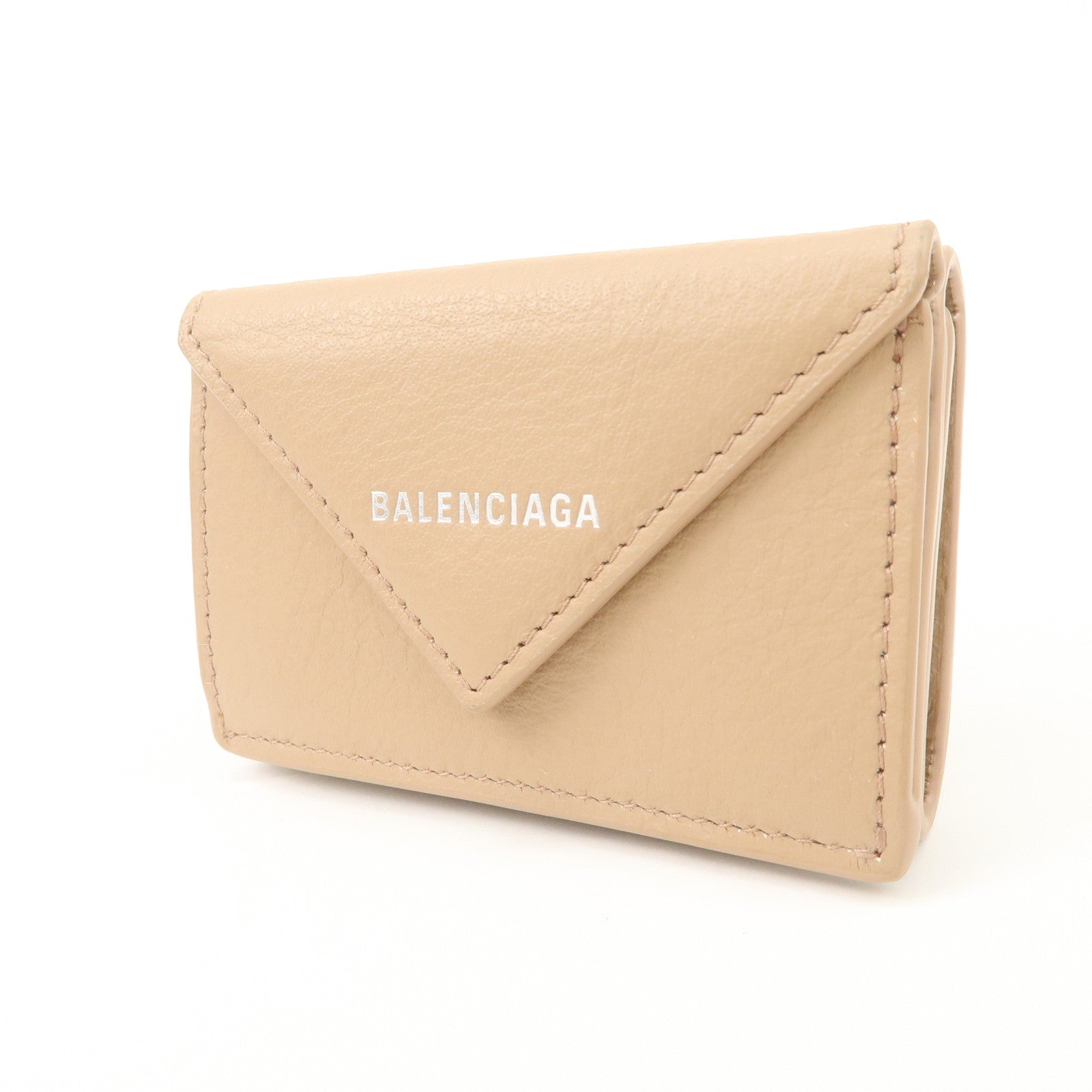 BALENCIAGA Leather Tri-fold Compact Wallet Beige 391446