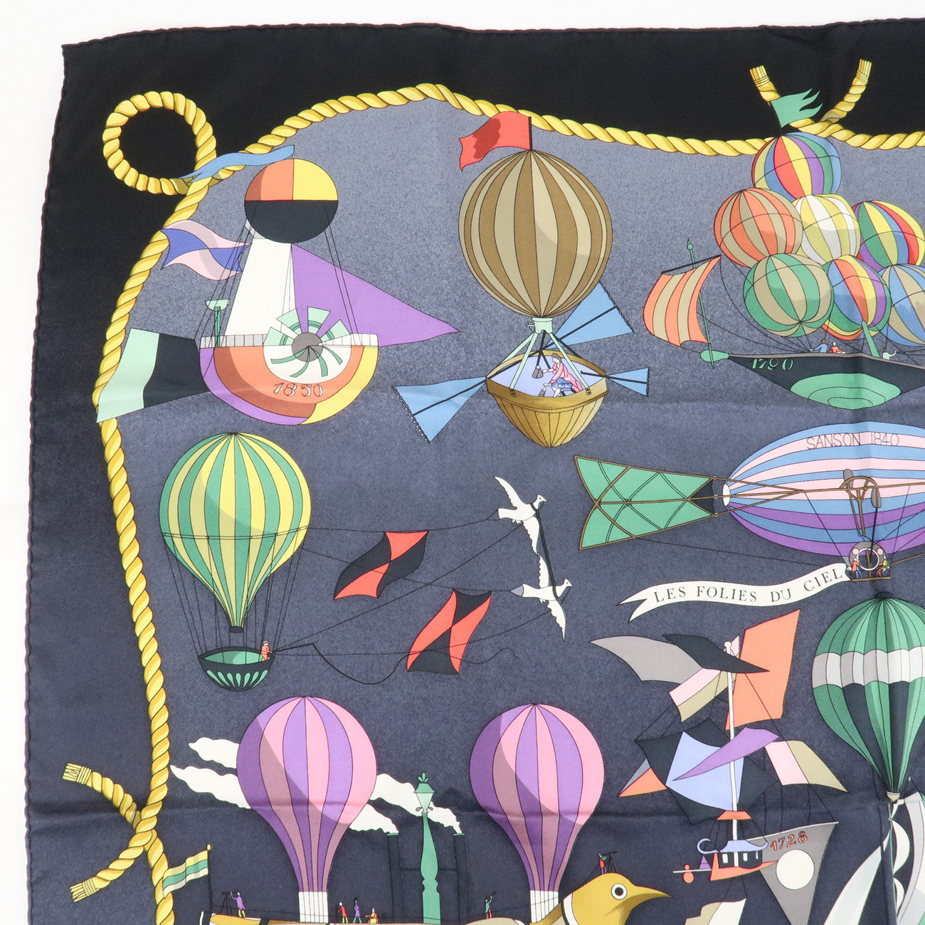 HERMES Carre 90 Silk 100% Scarf LES FOLIES DU CIEL Black Multicolor Used