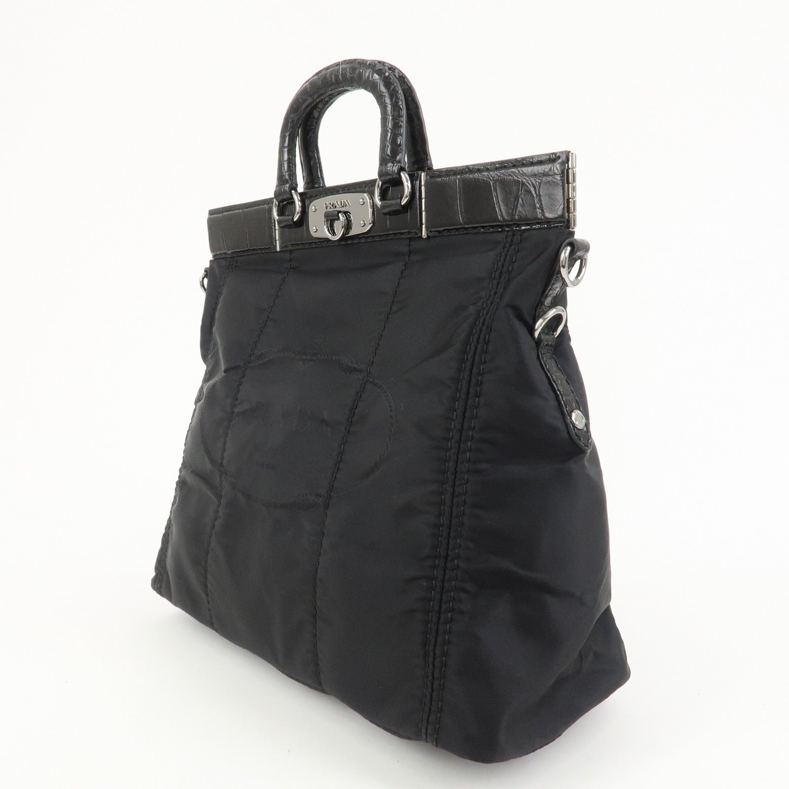 PRADA Triangle Logo Nylon Embossed Leather Hand Bag Black